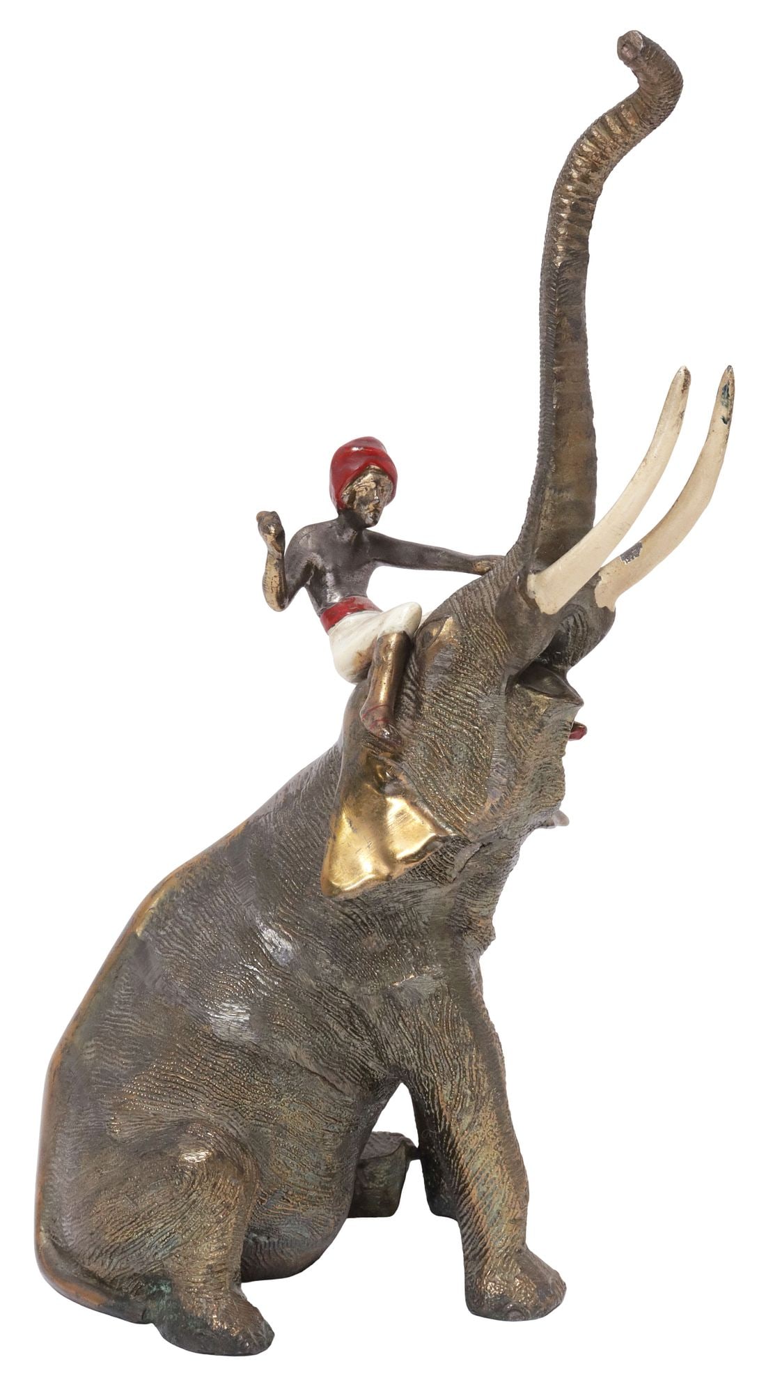 ORIENTALIST STYLE ENAMELED GILT-METAL SCULPTURE, FIGURE ON ELEPHANT: Orientalist style enameled gilt-metal sculpture, Hunter Riding an Elephant, unsigned, figure likely lacking element held in hand, approx 11"h, 6.5"w, 4.5"d, 4.5lbs