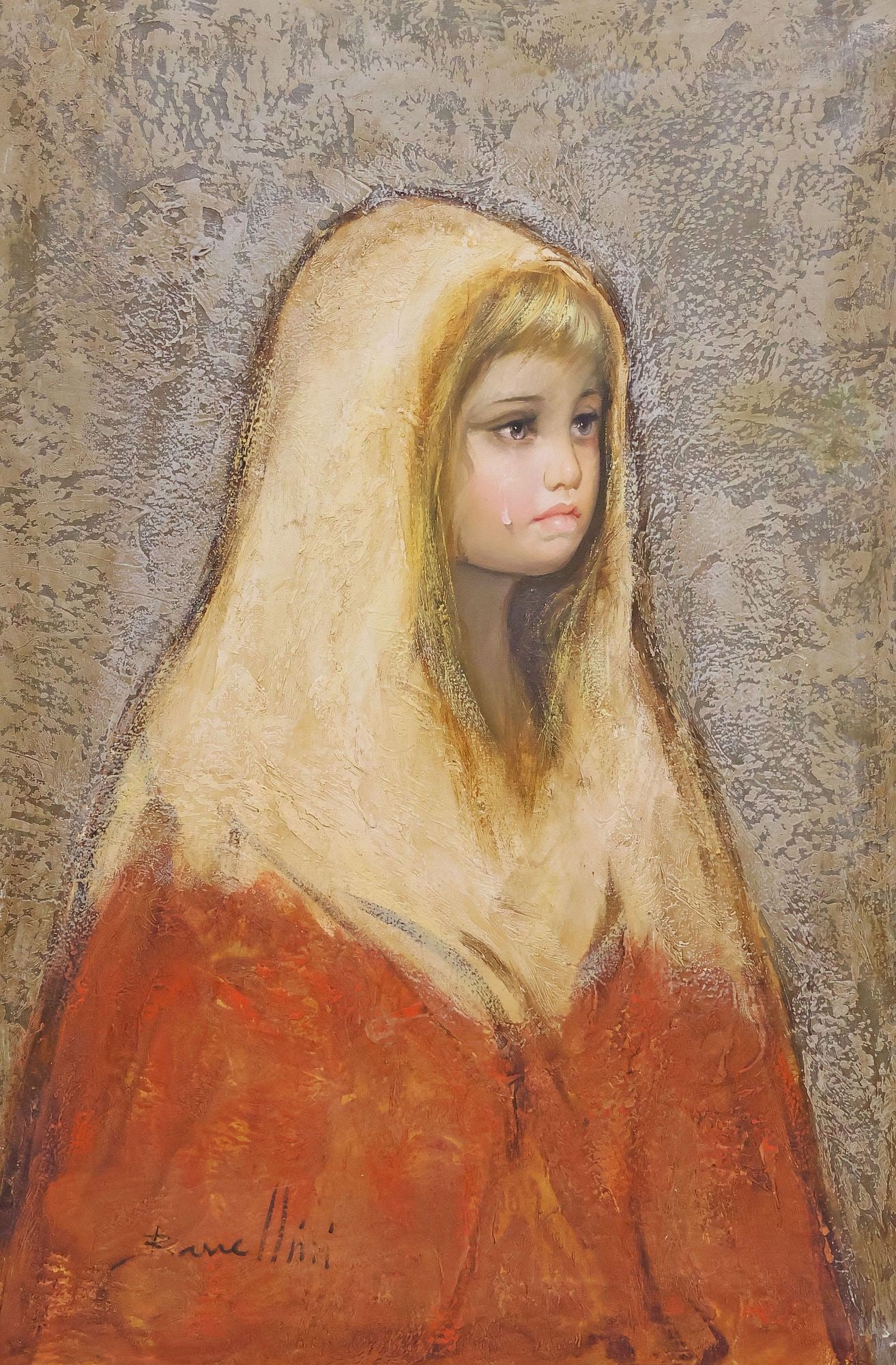 SIGNED BARCELLINI FRAMED OIL PAINTING ON CANVAS, 'WEEPING GIRL': Framed oil on canvas painting, Weeping Girl, signed lower left Barcellini (S. Barcellini, 20th c.), numbered on reverse AC2685, lettered on reverse LKH, sight: approx 35.5"h, 23.25"w, overall: approx 