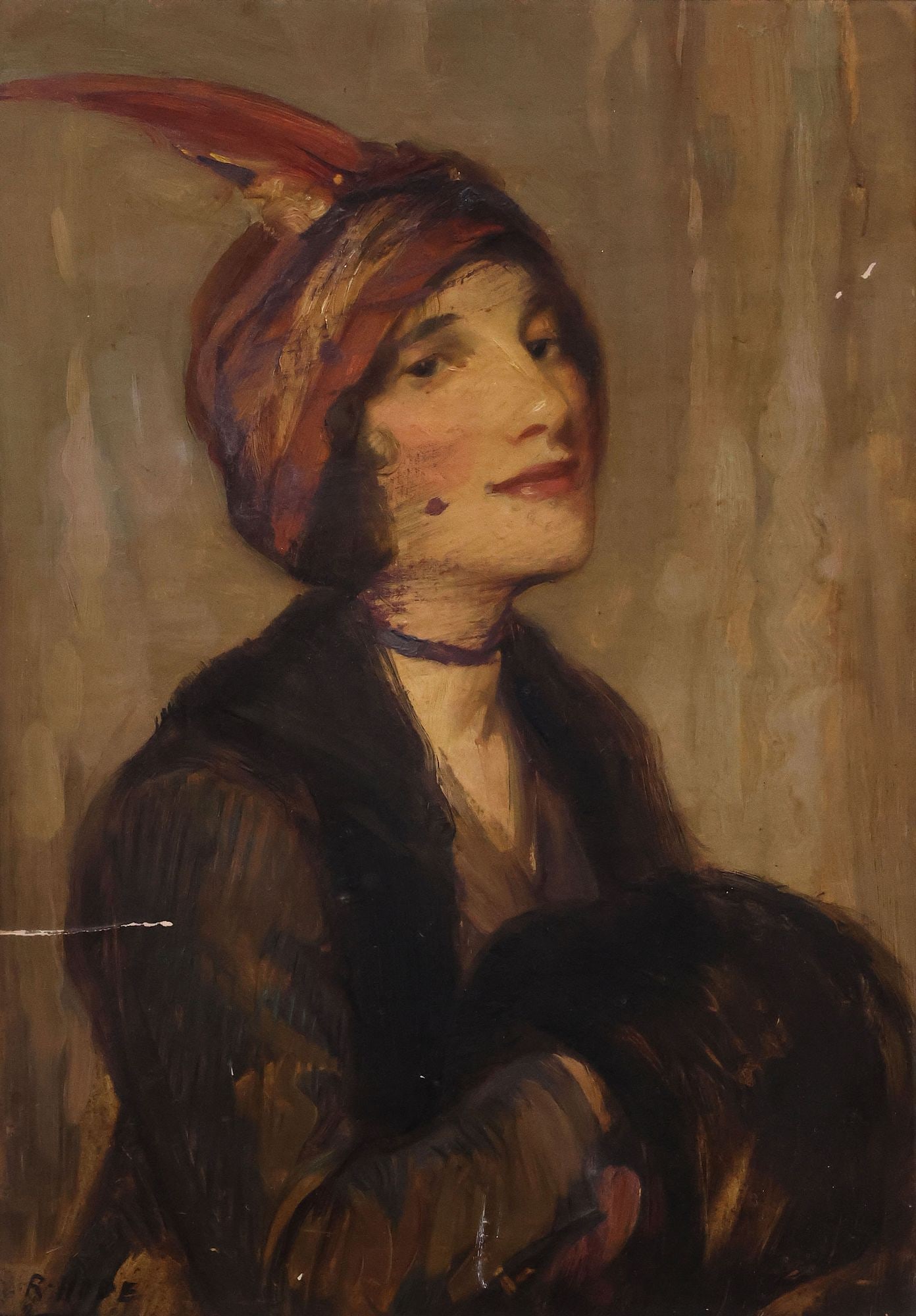 ROBERT HOPE (SCOTTISH, 1869-1936) PORTRAIT PAINTING OF WOMAN IN A TURBAN: Framed oil on board painting, Portrait of a Woman in Oriental Dress, signed lower left R. Hope (Robert Hope, Scottish, 1869-1936), crease at lower left continuing to the transverse resulting in small,