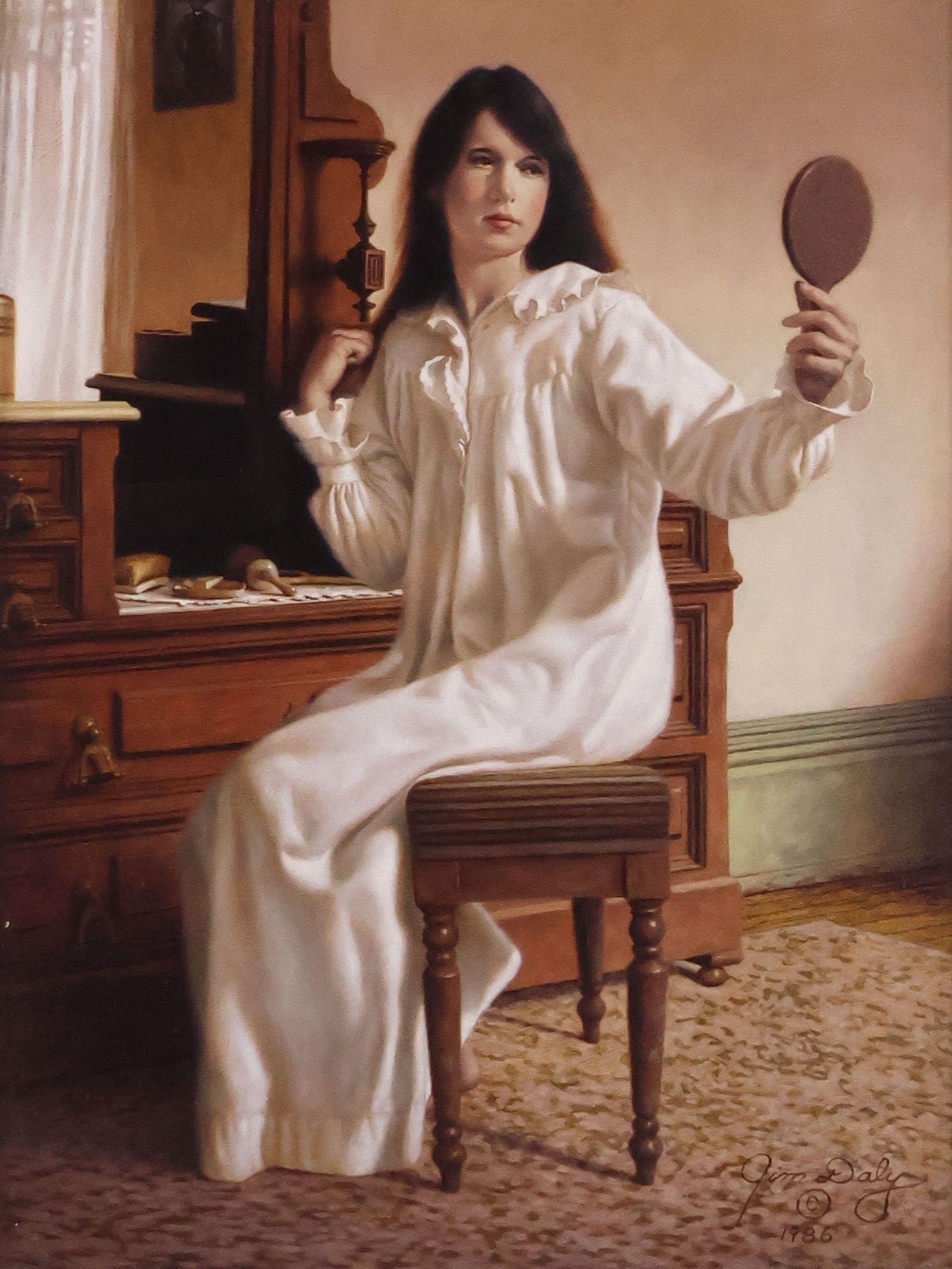 JIM DALY (OREGON, B.1940) FEMALE PORTRAIT OIL PAINTING, 'AT THE VANITY': Framed oil on board painting, "At the Vanity," signed lower right Jim Daly (Oregon, b.1940), dated 1986, with additional date and artist's signature on dust cover, retaining Morris and Whiteside Galle