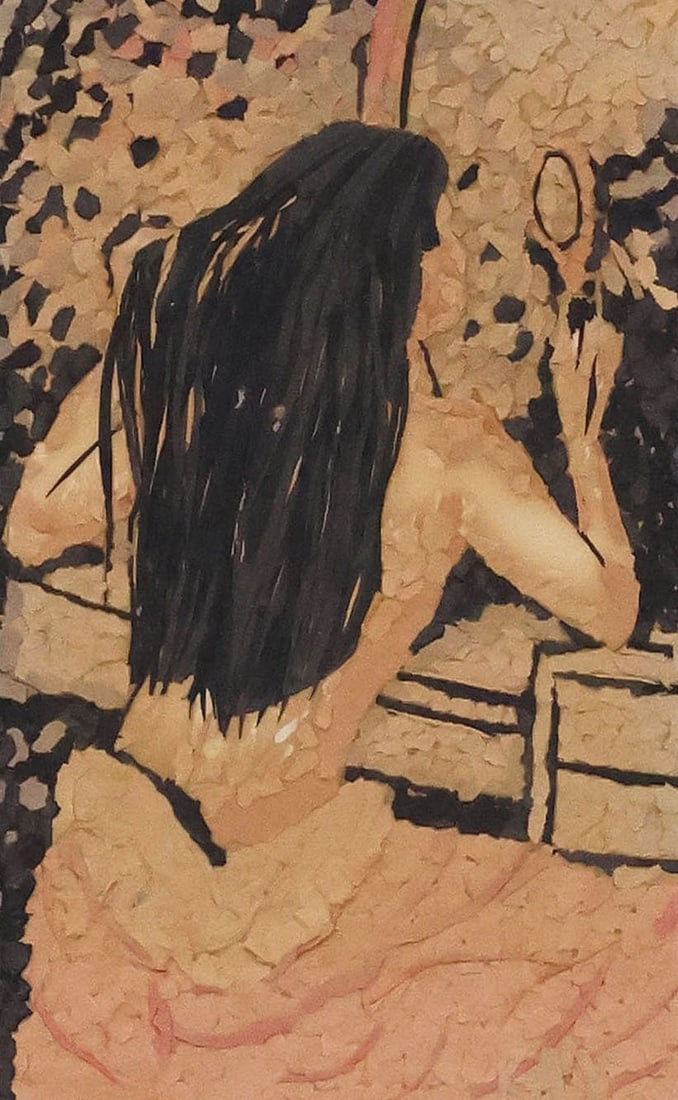 SIGNED KAY (20TH C.) MIXED MEDIA TORN PAPER COLLAGE, WOMAN AT A MIRROR: Framed torn paper collage, Woman at a Vanity Mirror, signed in cut paper lower right Kay (20th c.), sight: approx 9"h, 5.75"w, overall: approx 31"h, 27.25"w, 12.5lbs