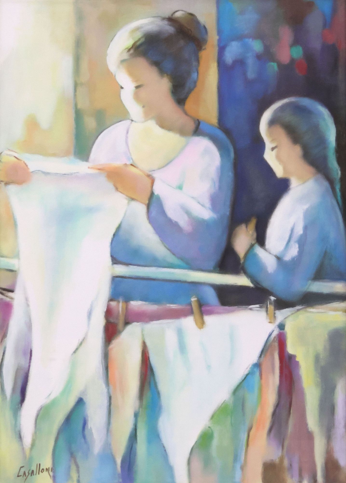 GIUSEPPE CASALLONI (ITALIAN, 20TH C.) OIL PAINTING, HANGING LAUNDRY TO DRY: Framed oil on canvas painting, "Panni Stesi (Laundry Hanging Out to Dry)," signed lower left Casalloni (Giuseppe Casalloni, Italian, 20th c.), retaining certificate of authenticity issued by the artis