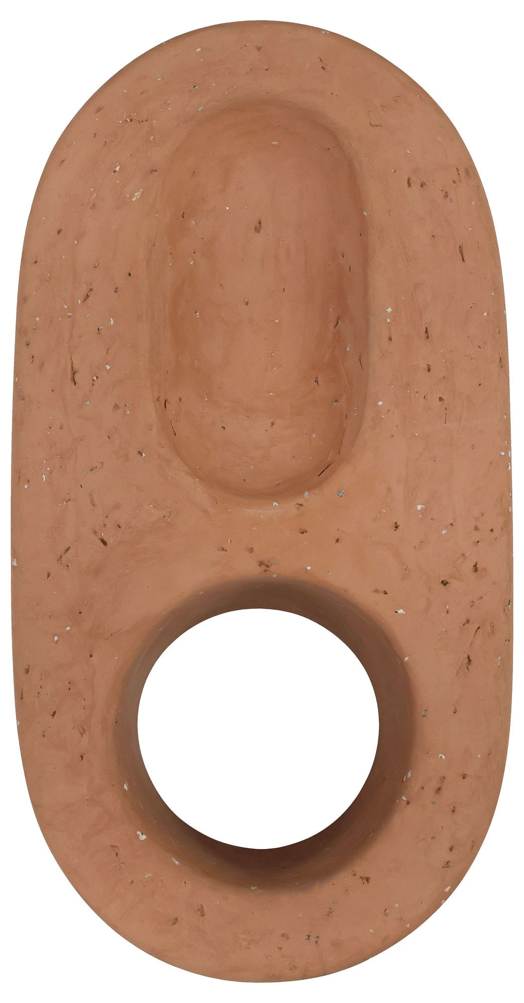 CONTEMPORARY TERRACOTTA ABSTRACT SCULPTURE / TABLE ORNAMENT: Contemporary terracotta sculpture or table ornament, of elongated ovular form, with shallow basin and cylindrical cavity, unmarked, approx 4.25"h, 10.5"w, 5"d, 4.5lbs **Provenance: Trea