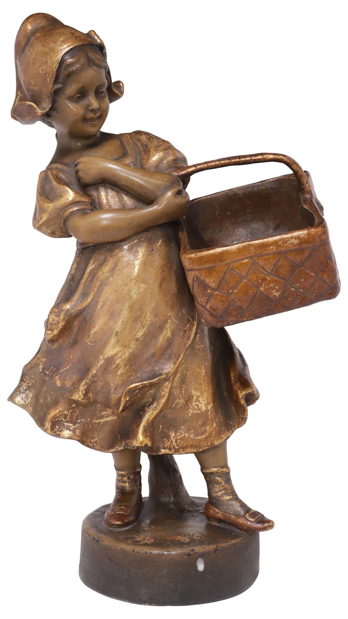 AFTER FRIEDRICH GOLDSCHEIDER (D.1897) TERRACOTTA FIGURE, DUTCH GIRL WITH BASKET: Cast terracotta figural sculpture, Young Dutch Girl with Basket, signed in cast after Friedrich Goldscheider (Austria/ France, 1845-1897), with impressed numbers 4107 16 12 at base, foundry mark under