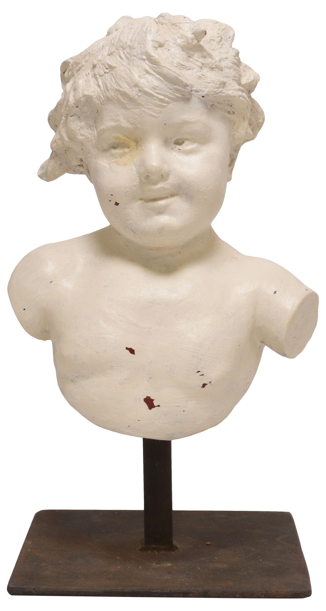 WHITE-PAINTED TERRACOTTA PUTTO BUST SCULPTURE ON IRON STAND (1 of 4)