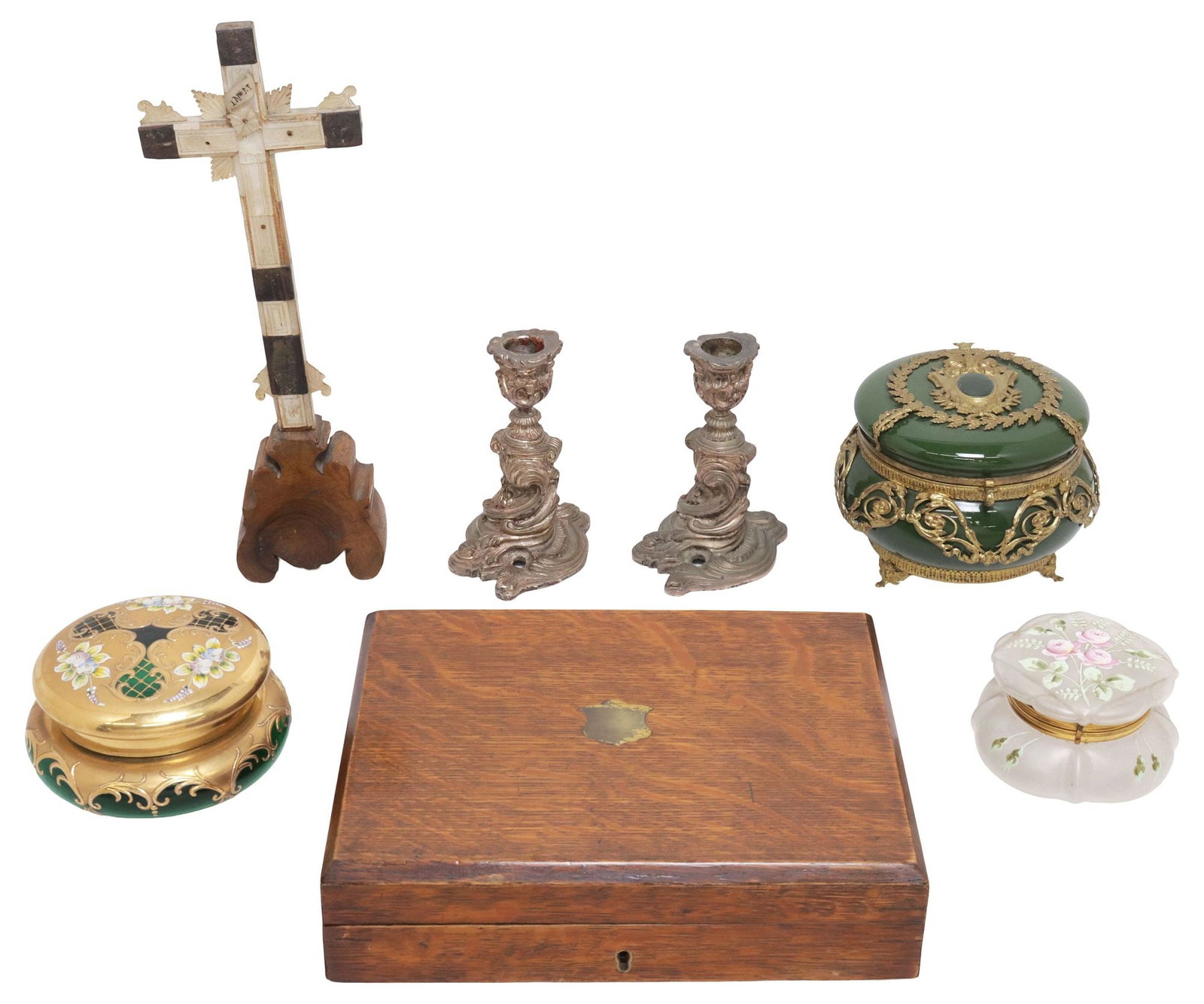 (7) TABLE ARTICLES: VANITY BOXES, EDWARDIAN OAK BOX, CANDLESTICKS & CROSS (1 of 8)