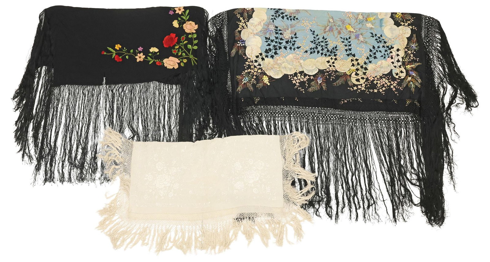 (3) VICTORIAN & LATER LADIES EMBROIDERED & FRINGED PIANO SHAWLS, 2 SILK: (lot of 3) Estate embroidered fabric piano shawls, late 19th c/ 20th c., varied designs and materials, all measurements excluding fringe/ woven trim, including: (1) cream or white silk with embro