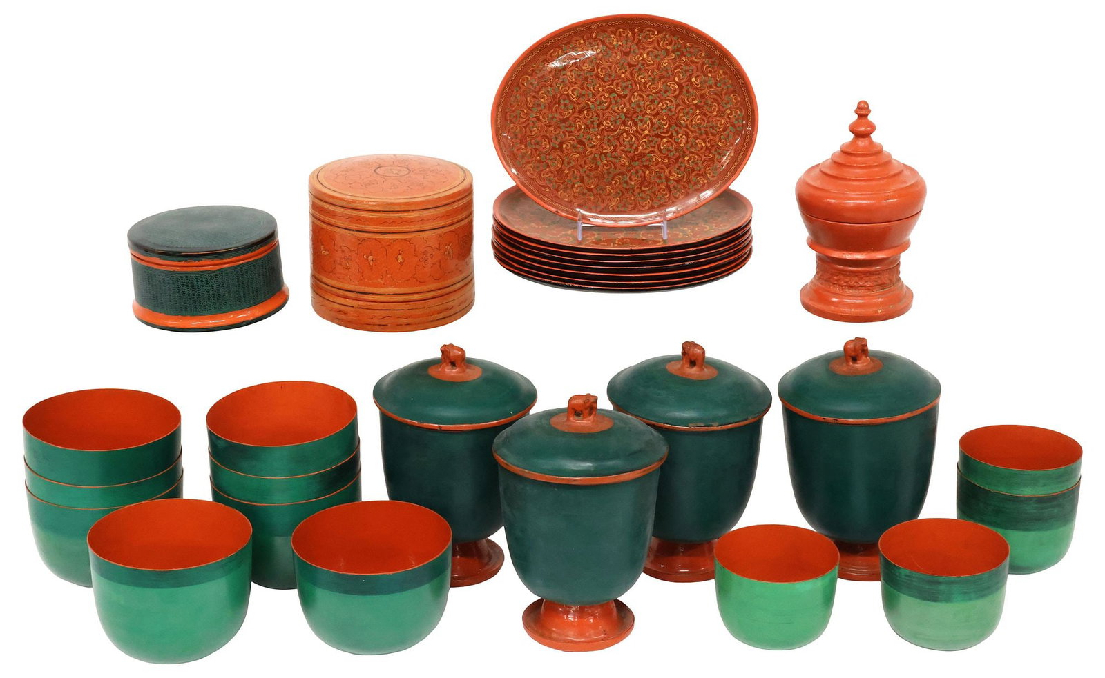 (26) BURMESE LACQUERWARE POLYCHROME VESSELS, PLATTERS, & BETEL BOXES (1 of 6)