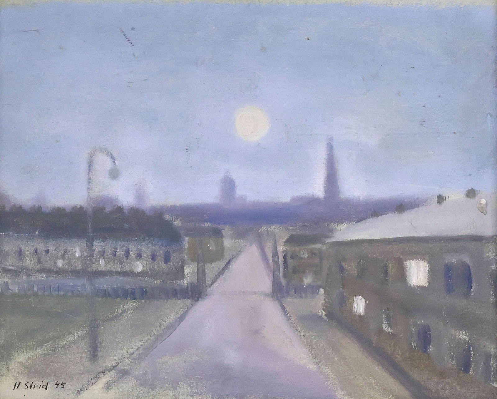 HARDY STRID (SWEDISH, 1921-2012) OIL PAINTING, MOONLIT STREET SCENE, 1945: Framed oil painting on paper, Moonlit Street Scene, signed lower left H. Strid (Hardy Strid, Swedish, 1921-2012), dated [19]45, additional artist's signature verso, artist's stamp on back stretcher, l
