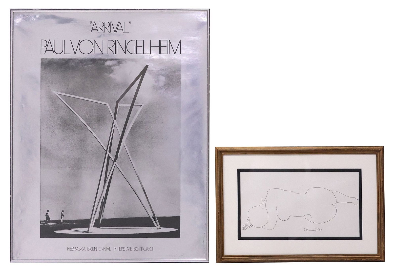 (2) ALAIN BONNEFOIT (B.1937) DRAWING & PAUL VON RINGELHEIM (D.2003) EXHIBITION POSTER: (lot of 2) Framed Modernist artwork, including: (1) ink drawing on paper, Reclining Female Nude, signed lower right A. Bonnefoit (Alain Bonnefoit, French, b.1937), dated [19]68, sheet affixed to paper
