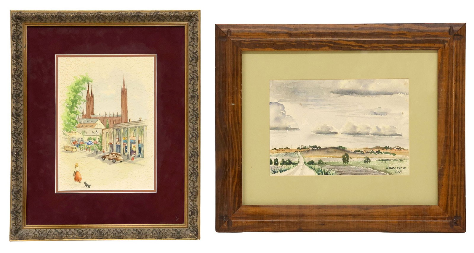 (2) FRAMED WATERCOLOR PAINTINGS, TEXAS LANDSCAPE & GERMAN STREET SCENE: (lot of 2) Framed watercolor paintings on paper, each encased behind glass, including: (1) Rural Texas Landscape, signed lower right Carlisle (20th c.), dated 1969, some spotting in sky, sight: approx