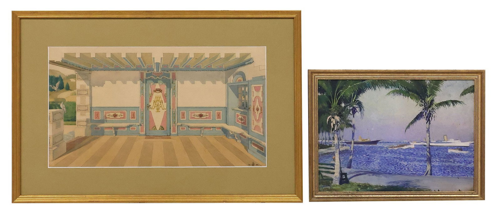 (2) PAINTINGS, BEACH LANDSCAPE & FRENCH ARCHITECTURAL WATERCOLOR: (lot of 2) Framed paintings, including: (1) oil on board, Beach Landscape with Ships and Palm Trees, signed lower left G. Goodall Mack (20th c.), sight: approx 11.5"h, 15.5"w, overall: approx 13.5"h, 