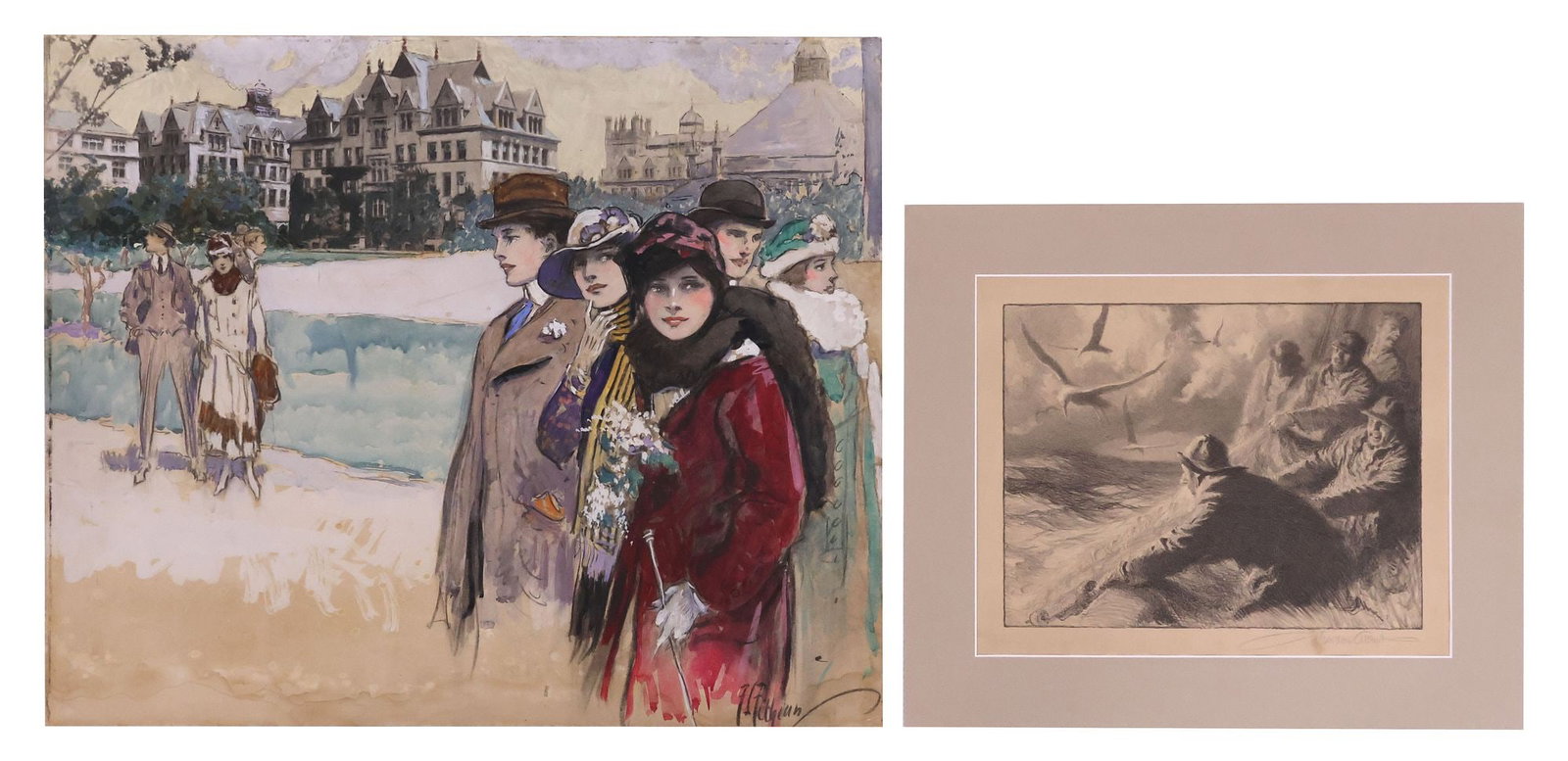 (2) GORDON HOPE GRANT (D.1962) LITHOGRAPH & FRANK FITHIAN (D.1935) MIXED MEDIA: (lot of 2) Unframed artwork, including: (1) mixed media on artist's board, Students in Front of Princeton University, signed lower right F.L. Fithian (Frank Livingston Fithian, American, 1865-1935), o