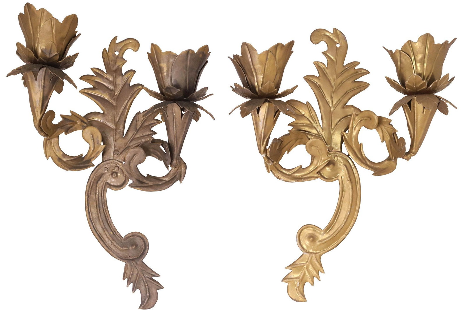 (2) ITALIAN GILT METAL SCROLLED 2-LIGHT WALL SCONCES: (pair) Italian gilt metal two-light wall sconces, 20th c., each having scrolled foliate standard, issuing two arms, terminating on floral bobeches, in slightly varied finishes, in need of wiring, appr