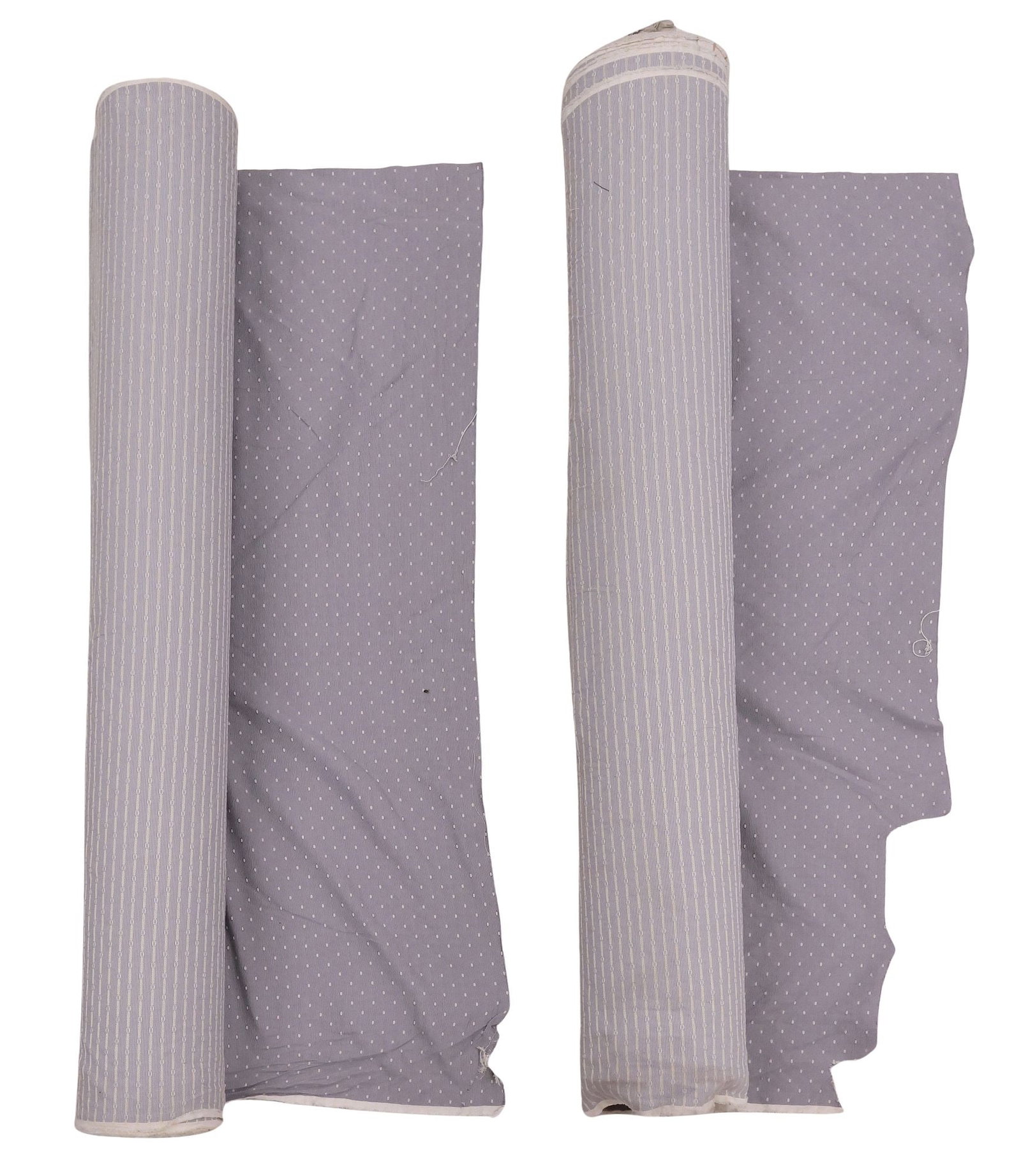 (2) NOBILIS (ATTRIB.) DESIGNER JACQUARD UPHOLSTERY FABRIC BOLTS: (lot of 2) Bolts of upholstery fabric, attributed by consignor to Nobilis Paris, each in a striped grey jacquard weave with off-white dots, not examined fully unrolled, total lengths unknown, largest 