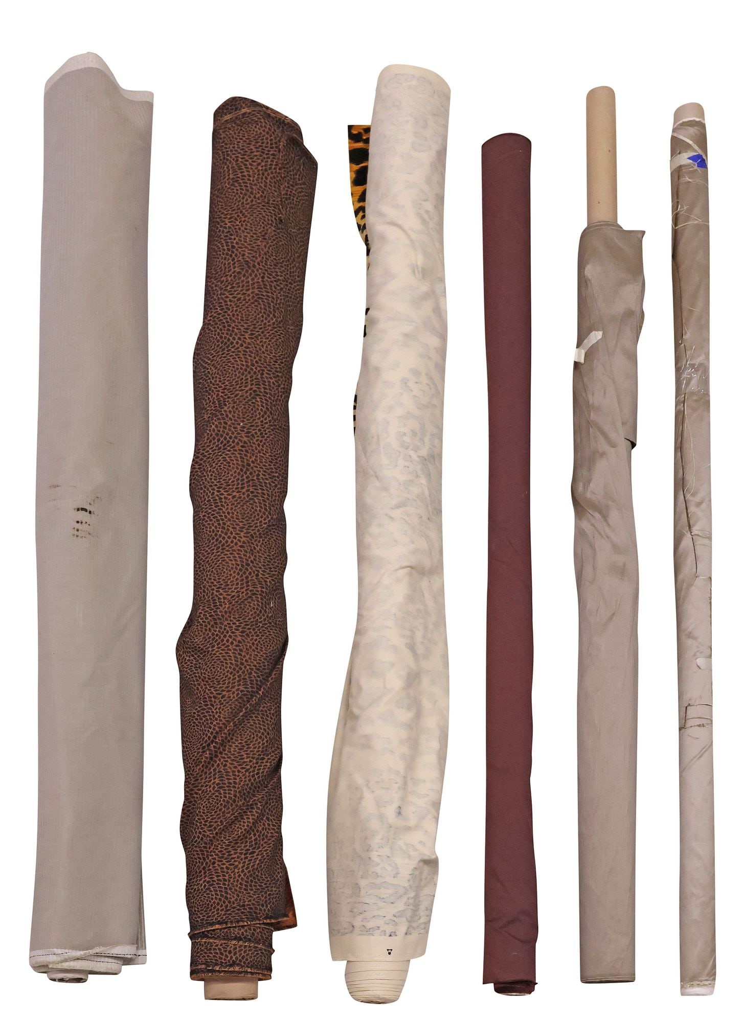 (6) COLLECTION OF UPHOLSTERY FABRIC BOLTS, 1 BRAEMORE 'JAMIL' LEOPARD PRINT: (lot of 6) Bolts of upholstery fabric, in various styles and patterns, highlights include: (1) leopard print, Braemore, in the "Jamil" pattern, (1) with geometric patterning, (1) corded velvet, total 
