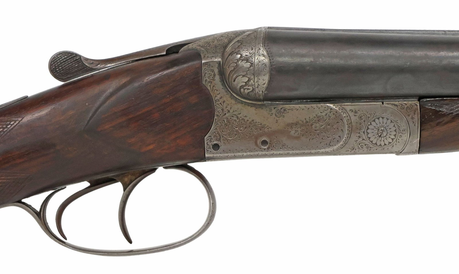 AUGUSTE FRANCOTTE SIDE BY SIDE 12 GAUGE SHOTGUN, EARLY 20TH C.: Auguste Francotte Side by Side Shotgun, early 20th c., 12 gauge, 26.75" barrels, bead front sight, the center rib with linear and foliate engraving, the underside with two small screws 
