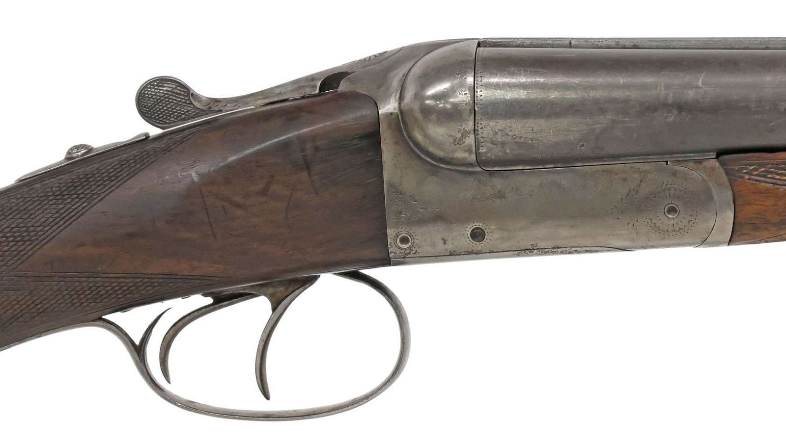 LIEGE, BELGIUM SIDE BY SIDE 12 GAUGE SHOTGUN, EARLY 20TH C.: Liege, Belgium Side by Side Shotgun, no maker name, early 20th c., 12 gauge, 25.75" barrels, white bead sight at front and mid length, the center rib with linear and foliate engraving, 