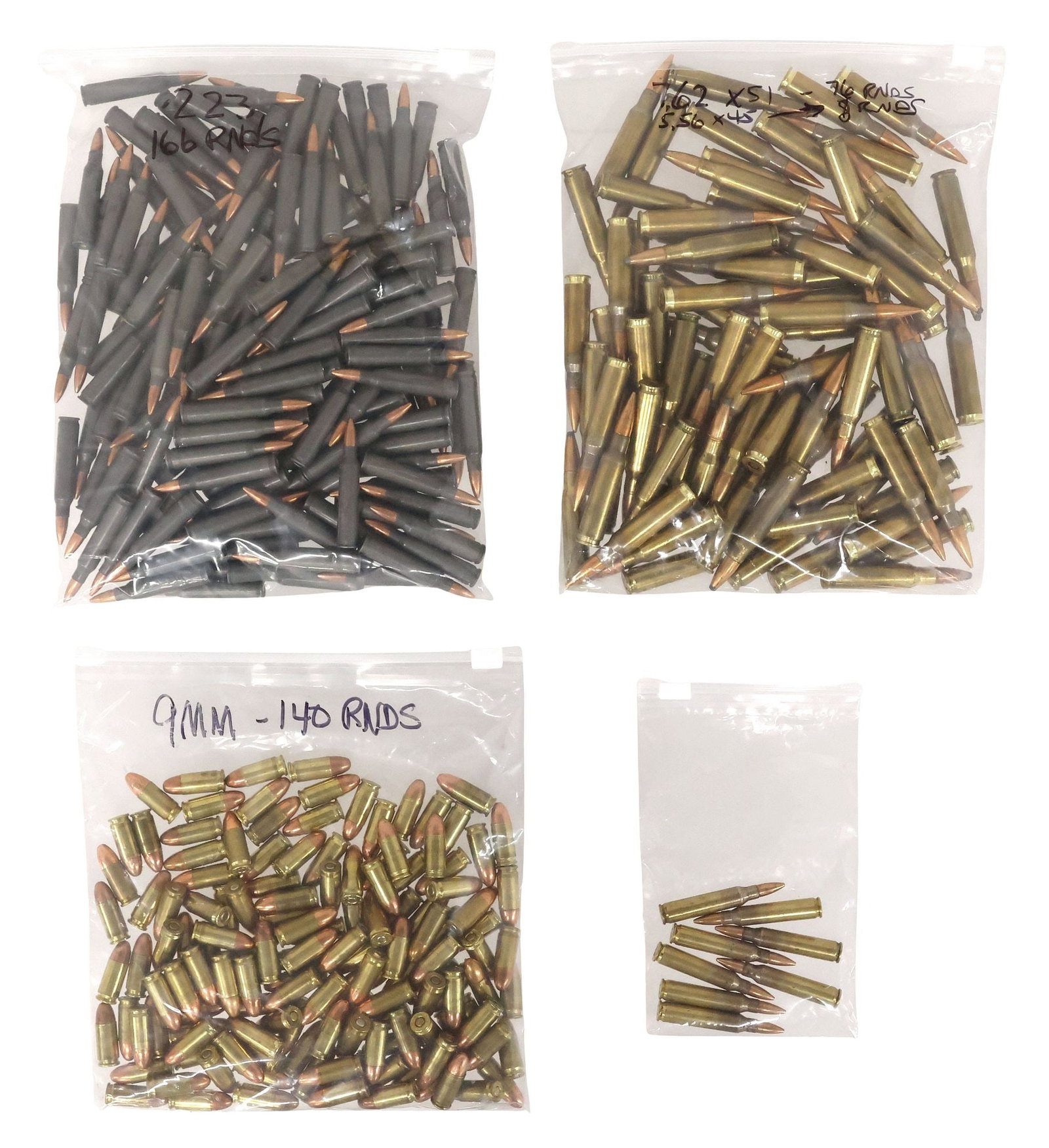 (390 ROUNDS) AMMO, 9MM, 7.;62 x 51MM, .223 REM (HUC): (lot of 390) Ammunition: (76) 7.62 x 51mm NATO, mfg. headstamp marks RG (Royal Ordnance Factory, Radway Green), cross in circle and 82 for 1982mfg; (140) 9MM Luger, Remington-Peters, 9m
