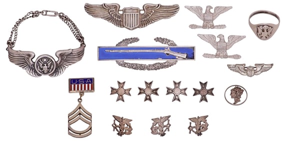 (16) COLLECTION OF ASSORTED STERLING SILVER & OTHER U.S. MILITARY PINS & MORE