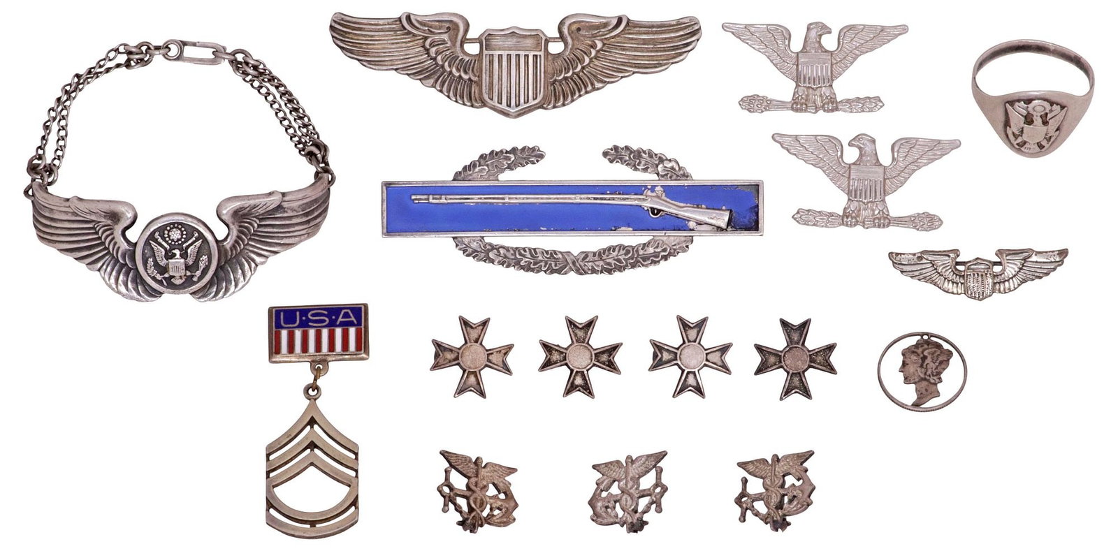 (16) COLLECTION OF ASSORTED STERLING SILVER & OTHER U.S. MILITARY PINS & MORE: (lot of 16) U.S. Military sterling silver pins, bracelet, ring and pins, many WWII, including Navy, Army, and Air Corps, etc., some enameled, ring size: approx 13.25, together with a numismatic cut-ou