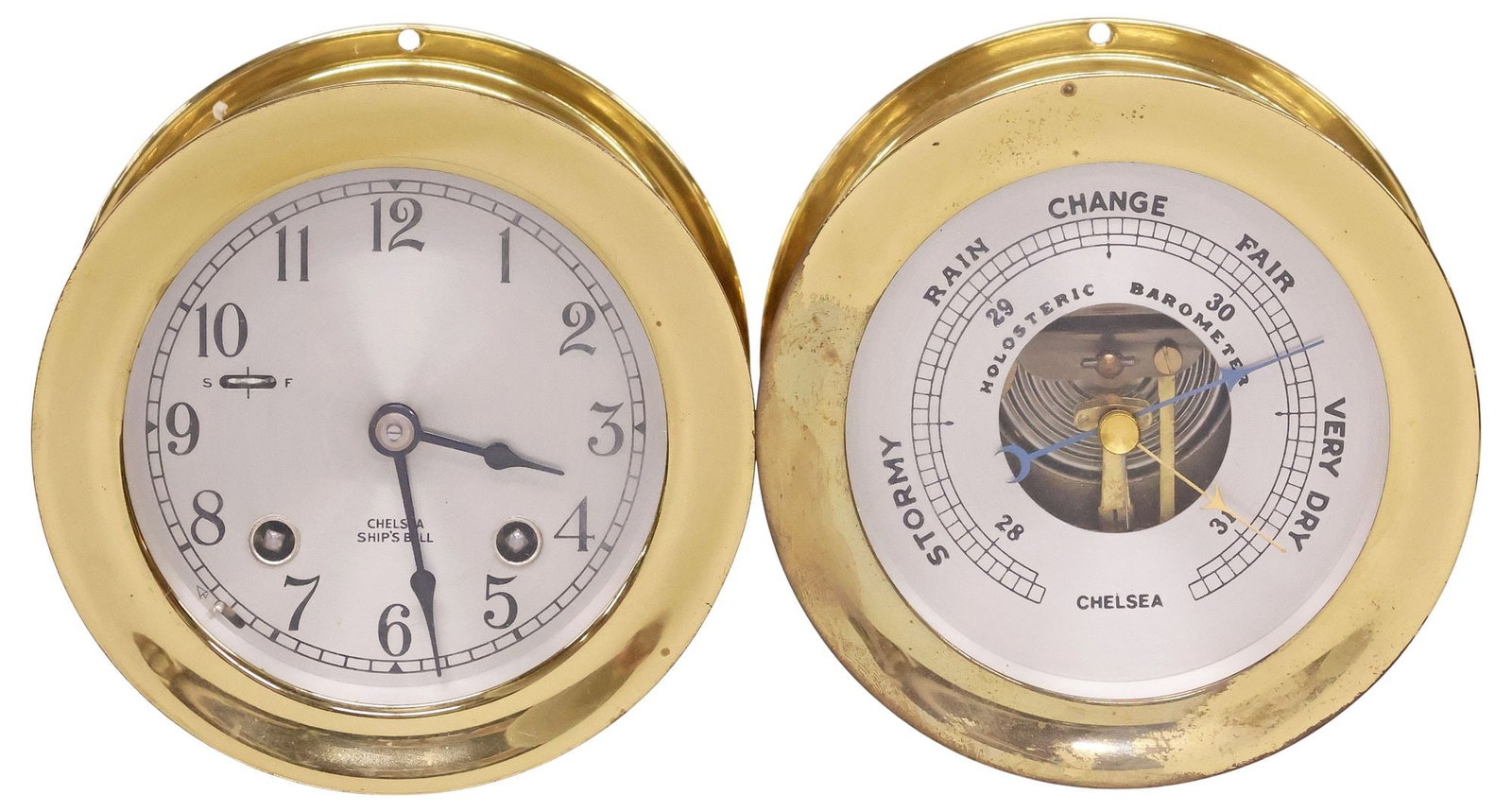 (2) CHELSEA COMPANY BRASS INSTRUMENTS, SHIP'S BELL CLOCK & BAROMETER (1 of 7)