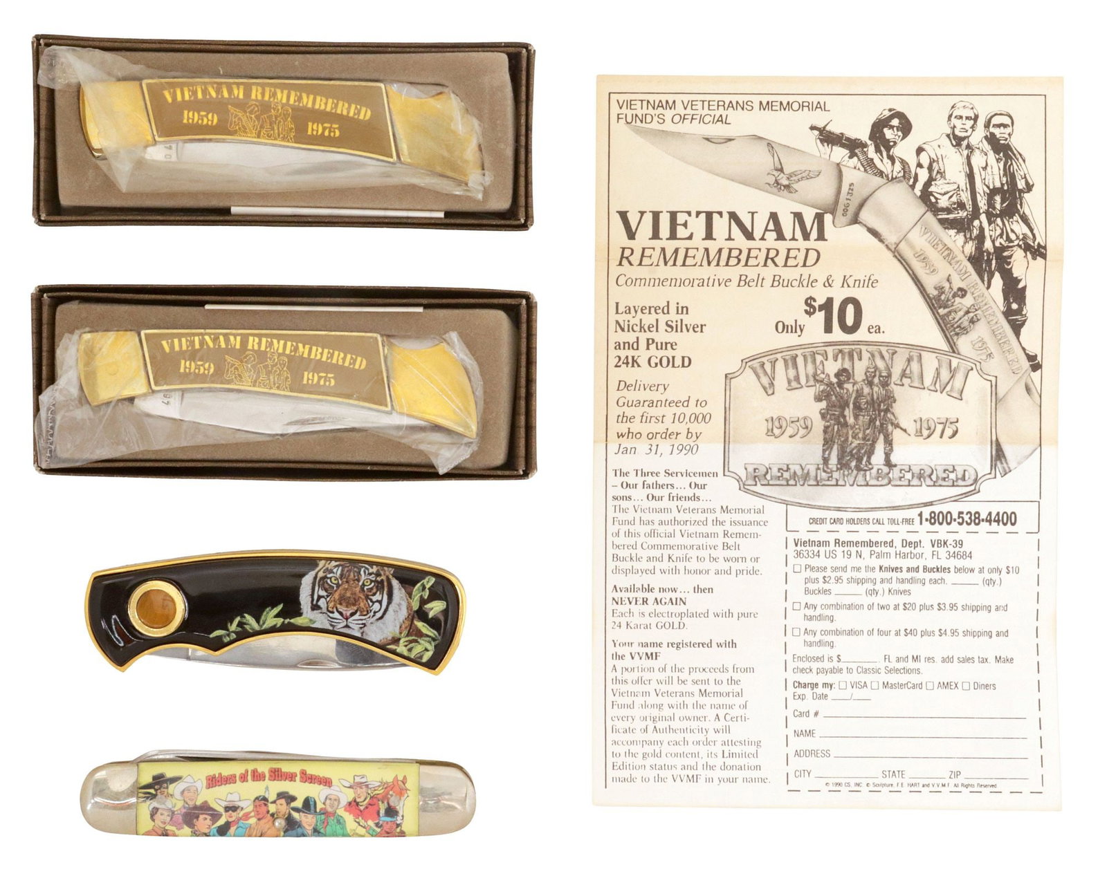 (4) COLLECTOR'S FOLDING KNIVES, FRANKLIN MINT, CAMILLUS NEW YORK: (lot of 4) Collector's folding knives, including: (2) Vietnam Remembered 1959-1975, gold-plated stainless steel, housed in original boxes, knife closed: approx 4.25"l, (1) Franklin Mint Siberian Tiger