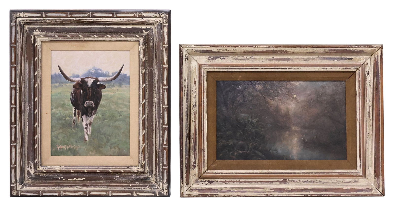 (2) RICK MORRIS PATTERSON (B.1958) OIL PAINTINGS, LONGHORN & MOONLIT TEXAS BAYOU &: (lot of 2) Framed oil on board paintings, Rick Morris Patterson (Texas, Oregon, b.1958), each signed lower left, dated verso, including: (1) Longhorn, dated "11-11-02," sight: approx 14"h, 10.25"w, ov