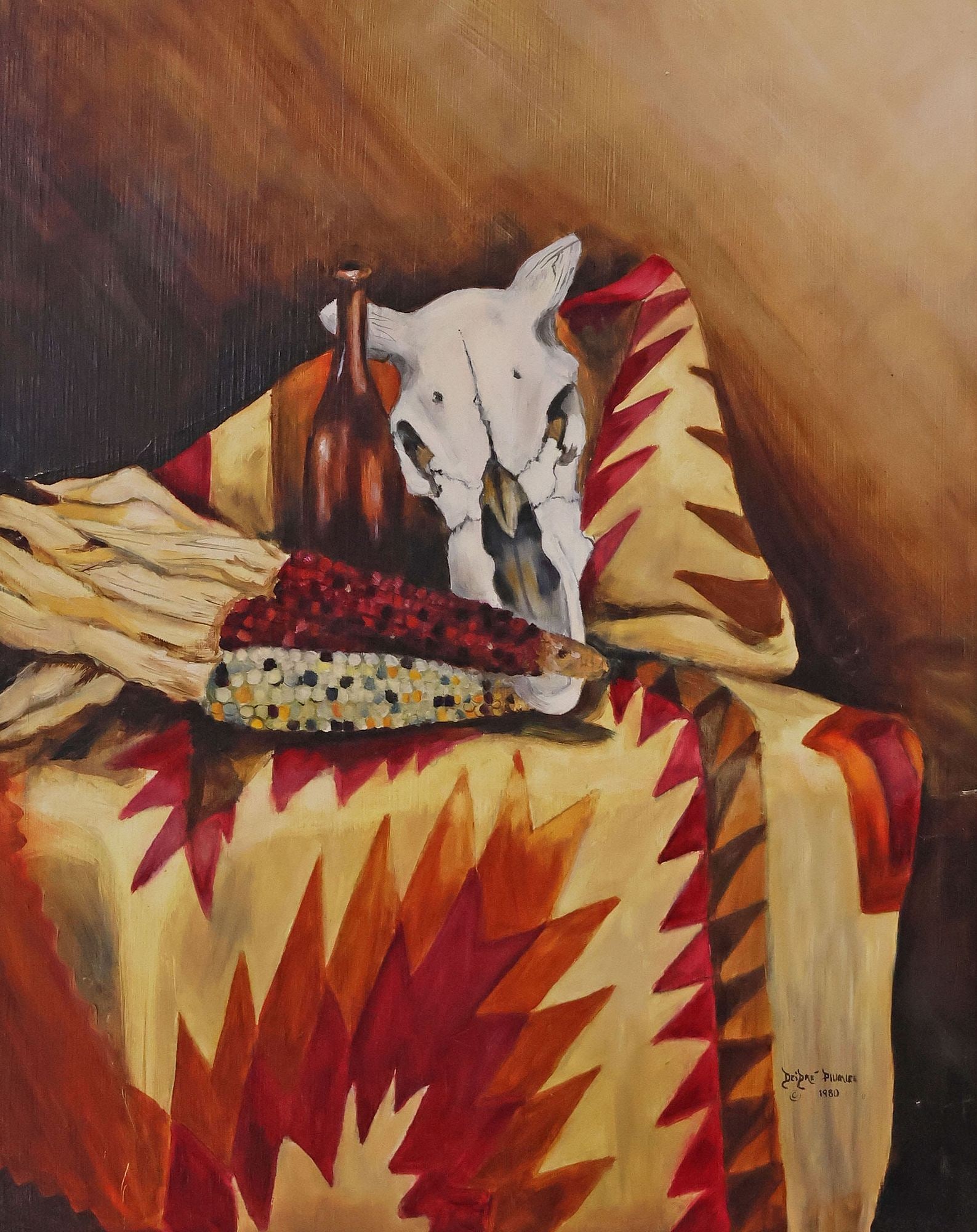 DEIDRE PLUMLEE (20TH C.) SOUTHWEST STILL LIFE OIL PAINTING: Framed oil painting on Masonite, Still Life with Taxidermy Skull, Corn, and Textiles, signed lower right Deidre Plumlee (20th c.), dated 1980, sight: approx 19.5"h, 15.25"w, overall: approx 27.75"h, 2
