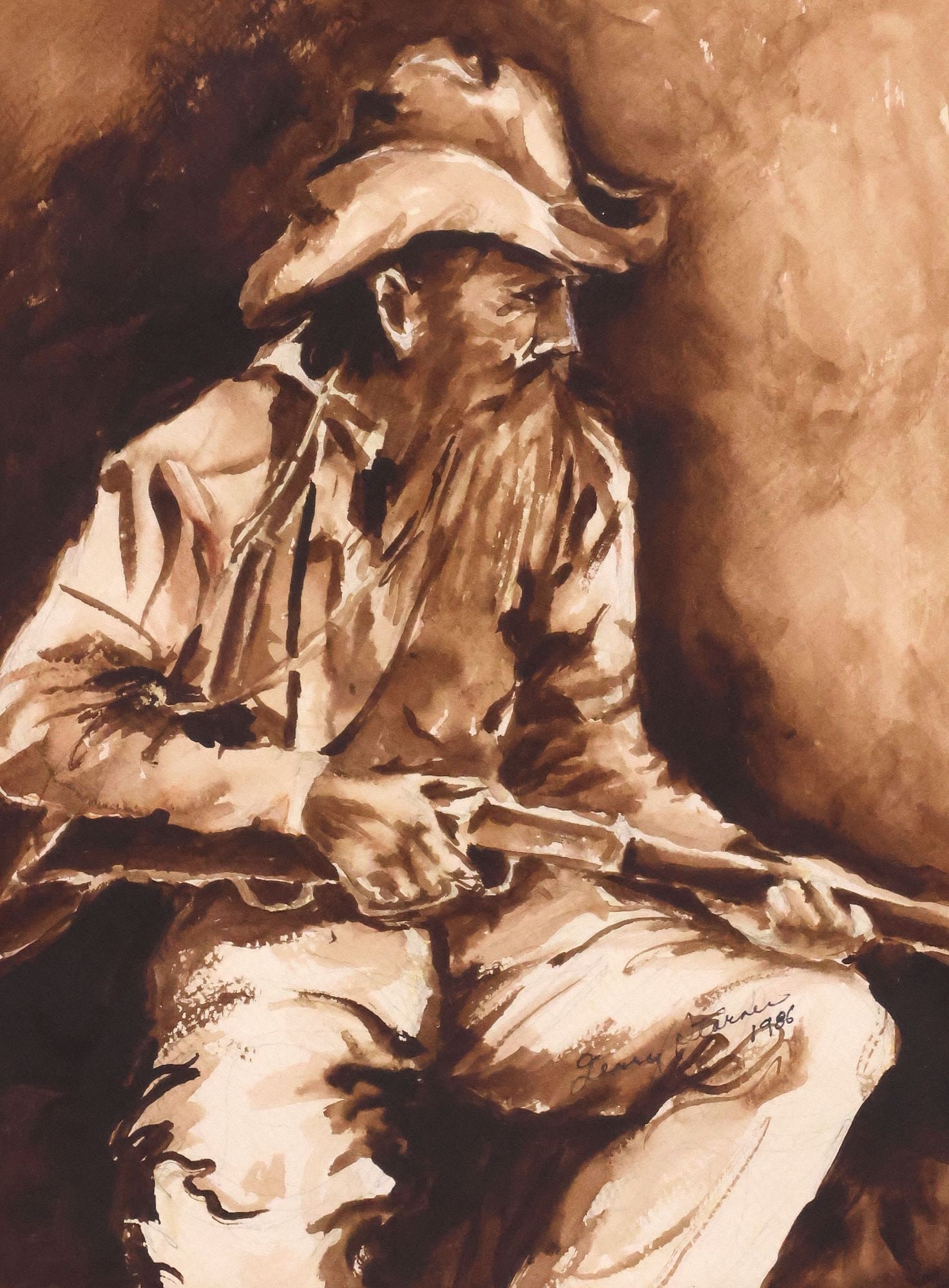 TERRY STARNES (CALIFORNIA, 1935-2026) WATERCOLOR, WESTERN PORTRAIT: Framed monochrome watercolor painting and pencil on paper, Western Portrait, signed lower right Terry Starnes (California, 1935-2026), dated 1986, retaining artist's label verso, sight: approx 14.5"h,