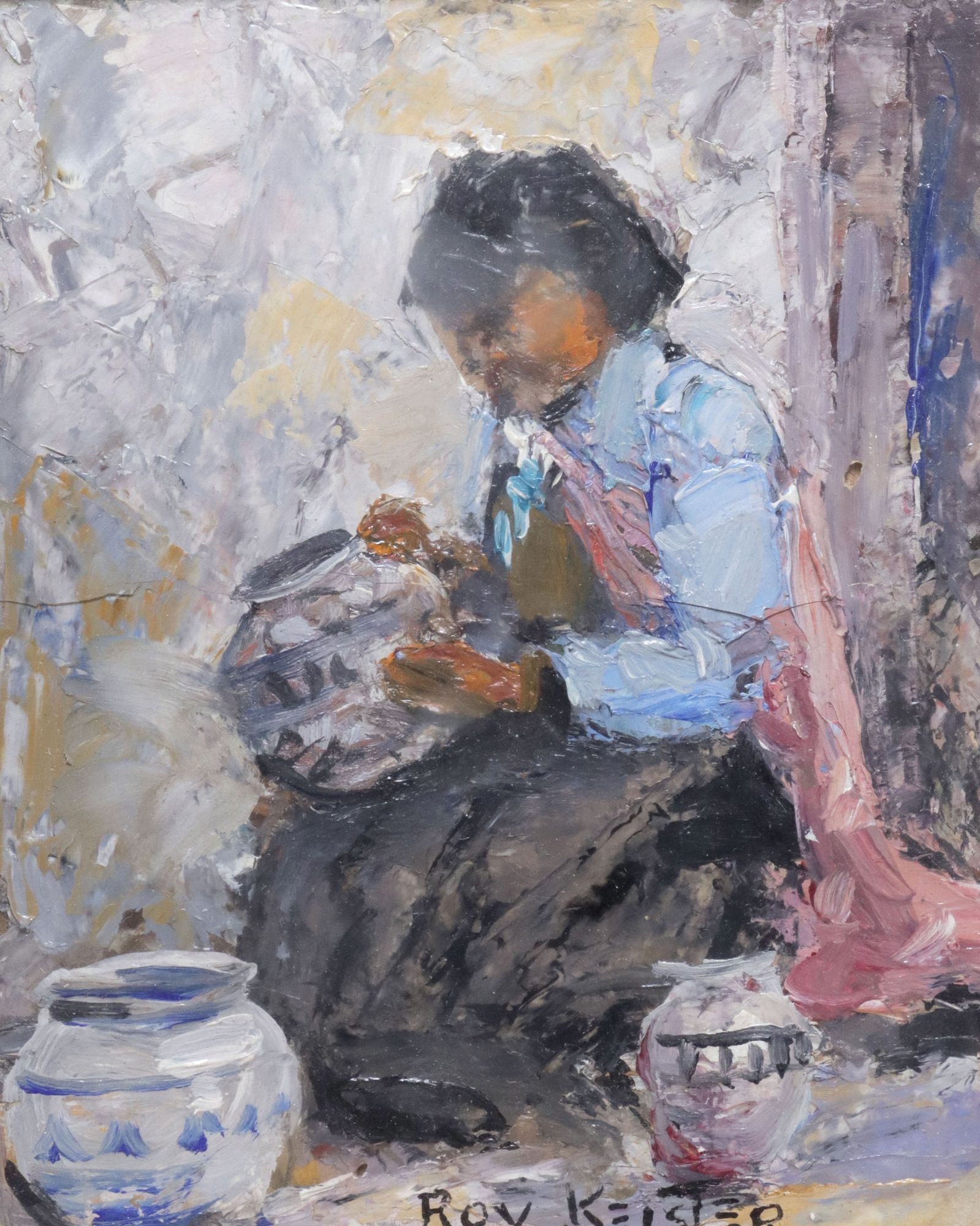 ROY C. KEISTER (TEXAS, D.1983) SIGNED OIL PAINTING, 'INDIAN ARTIST': Framed oil on paper board painting, "Indian Artist," signed lower right Roy Keister (Leroy Chester Keister, American, active in Texas, 1886-1983), titled verso, sight: approx 9 5/8"h, 8.5"w, overall: 