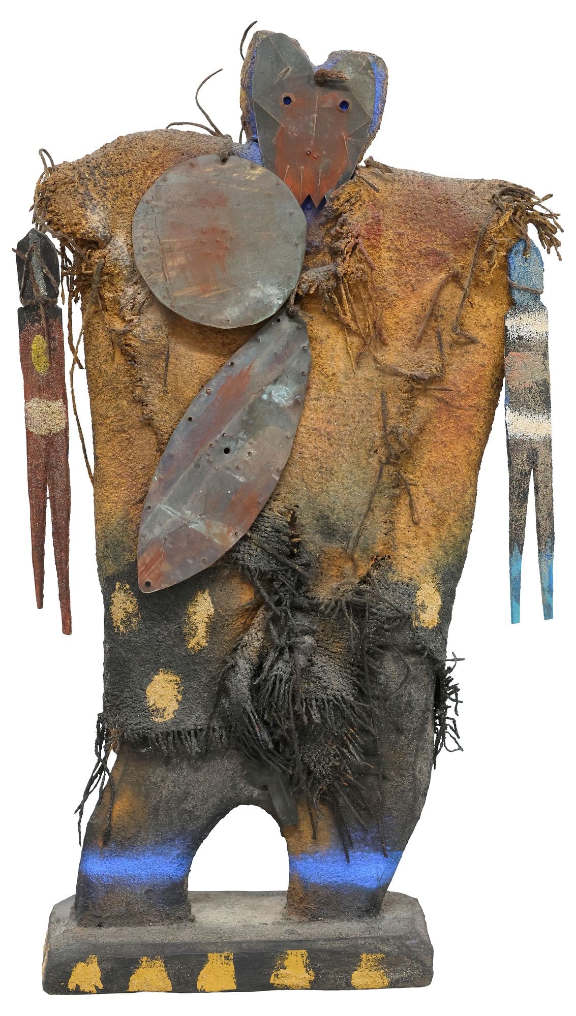 LARGE MAXIMILIANO PRUNEDA (B.1948) SOUTHWEST MIXED MEDIA FIGURE, CLOAKED IDOL: Mixed media figural sculpture, Cloaked Idol, signed in pencil underfoot Max Pruneda (Maximiliano Pruneda, New Mexico, b.1948), dated 1989, approx 15 3/8"h, 9"w, 3.5"d, 1.5lbs **Pro