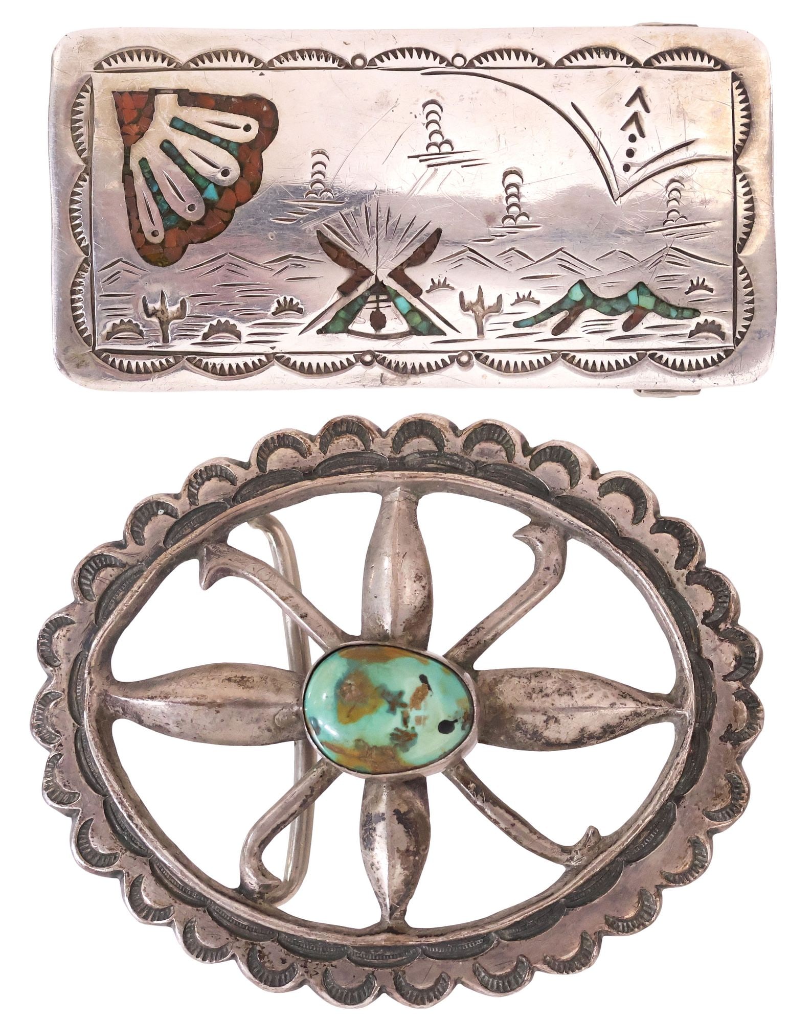 (2) NATIVE AMERICAN SILVER & TURQUOISE BELT BUCKLES, OPENWORK & CHIP-INLAID: (lot of 2) Native American silver (content unknown) and gemstone belt buckles, each unmarked, including: (1) oblong rectangular plaque with turquoise and red coral chip inlay, depicting a mountainous 