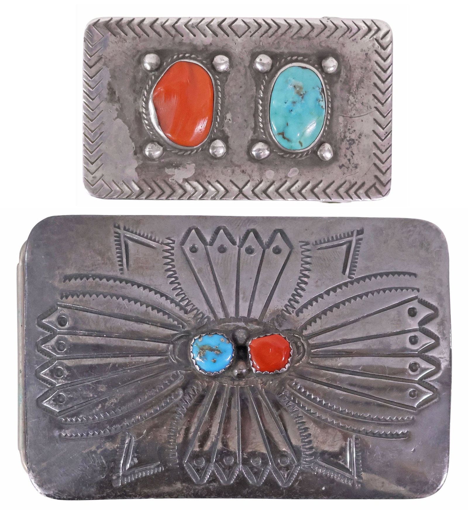 (2) NATIVE AMERICAN STERLING SILVER, TURQUOISE & RED CORAL BELT BUCKLES: (lot of 2) Native American sterling silver, turquoise, and red coral belt buckles, each having two central bezel-set cabochons, marked sterling at reverse, including: (1) with radiating floral stampwo