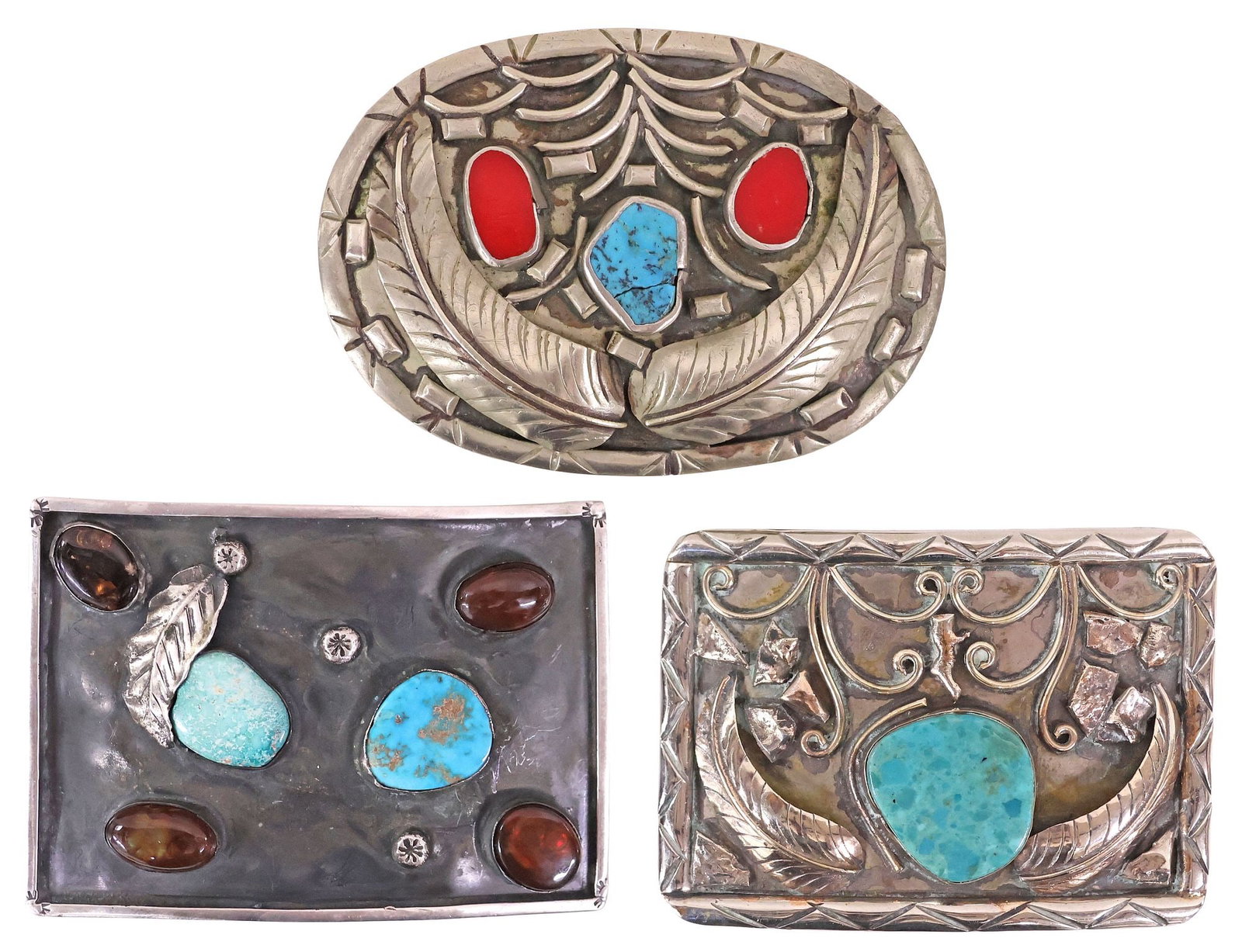 (3) NATIVE AMERICAN SILVER, TURQUOISE & OTHER CABOCHON BELT BUCKLES: (lot of 3) Native American silver (content unknown) and gemstone belt buckles, each unmarked, including: (1) having large freeform turquoise cabochon, flanked by raised feathers and applied scroll mot