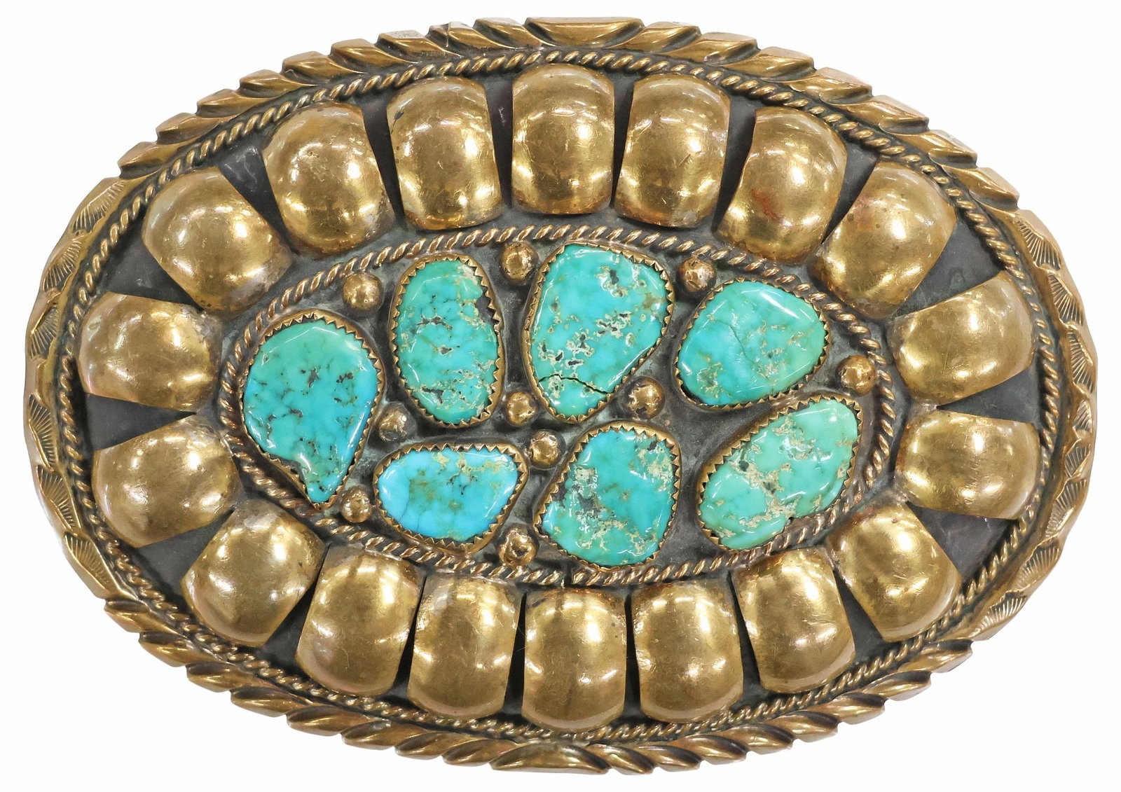 LARGE STOVER PAUL NAVAJO TURQUOISE & GILT-METAL BELT BUCKLE (1 of 3)