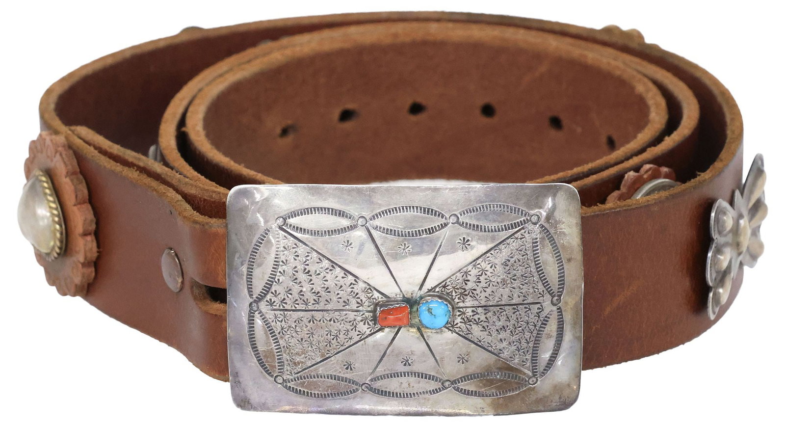 SOUTHWEST STYLE SILVER & MULTI-GEMSTONE CONCHO BELT, STERLING BUCKLE: Southwest style sterling, silver (content unknown), and gemstone men's concho belt, stampworked rectangular buckle with small bezel-set turquoise and red coral cabochons, with (ten) conchos of three v