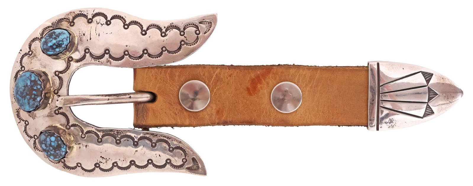 BEATRICE KEE NAVAJO STERLING & TURQUOISE BELT BUCKLE ON LEATHER STRAP (1 of 5)