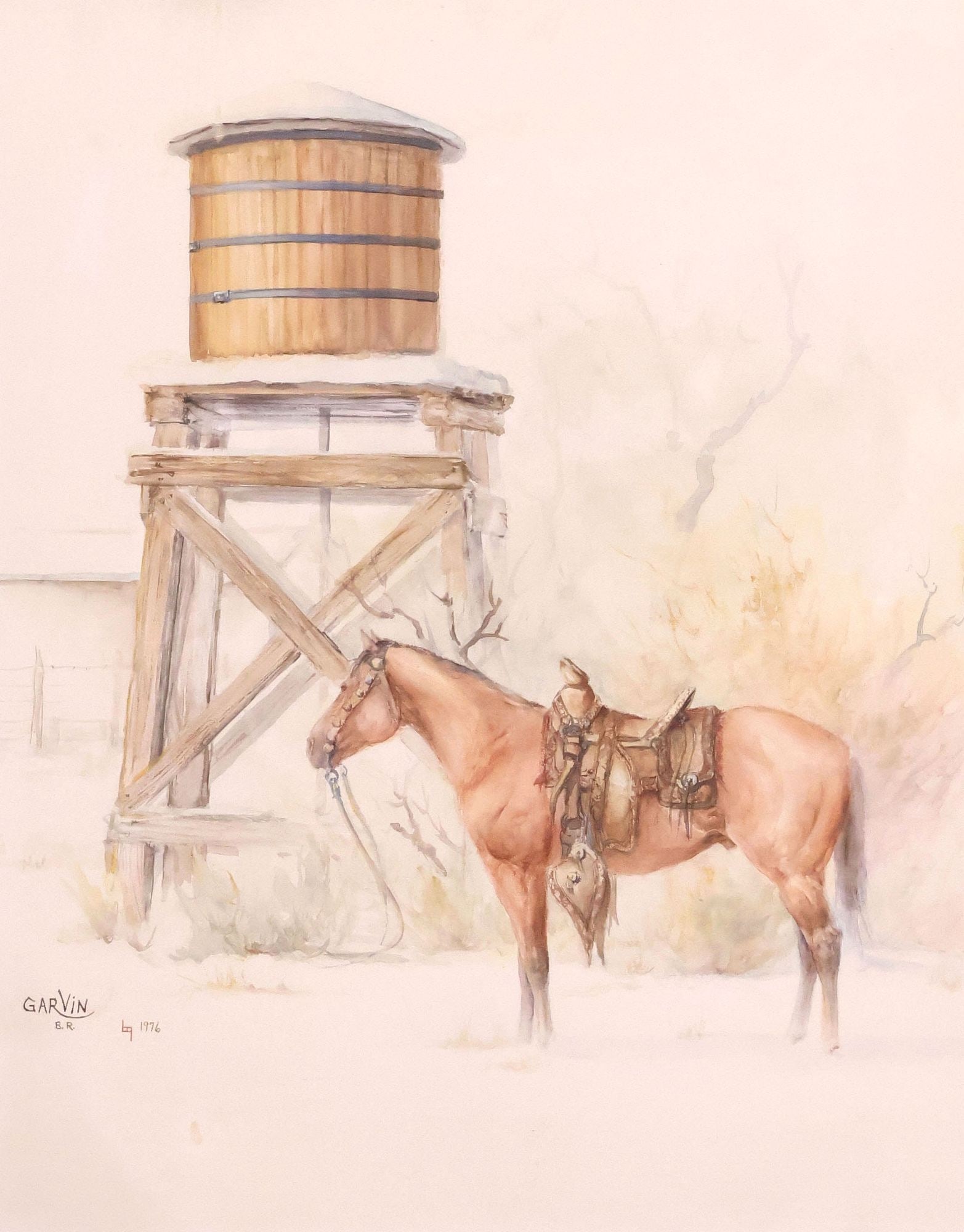 BARBRA RUTH GARVIN (1936-2006) WATERCOLOR, WESTERN HORSE & WATER TOWER (1 of 4)