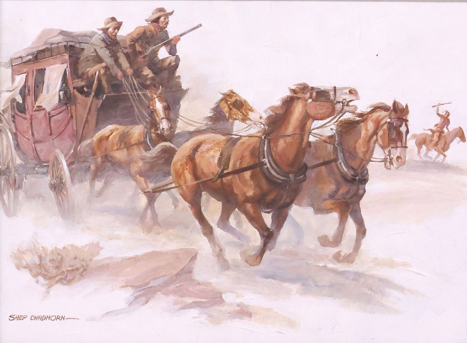 SHEP CHADHORN (BLACKFOOT, 20TH C.) WESTERN PAINTING, STAGECOACH: Framed oil on Masonite painting, Stagecoach, signed lower left Shep Chadhorn (Blackfoot, 20th c.), retaining Country Store Gallery, Austin, label verso, sight: approx 11.25"h, 15"w, overall: approx 20