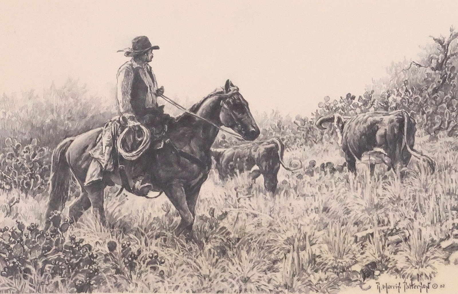 RICK MORRIS PATTERSON (TEXAS, B.1958) WESTERN CHARCOAL DRAWING, 'CACTUS PATCH KIDS': Framed charcoal drawing on board, "Cactus Patch Kids," signed lower right Rick Morris Patterson (Texas, Oregon, b.1958), dated [20]02, titled and dated verso, light marks and scattered yellowing to bo