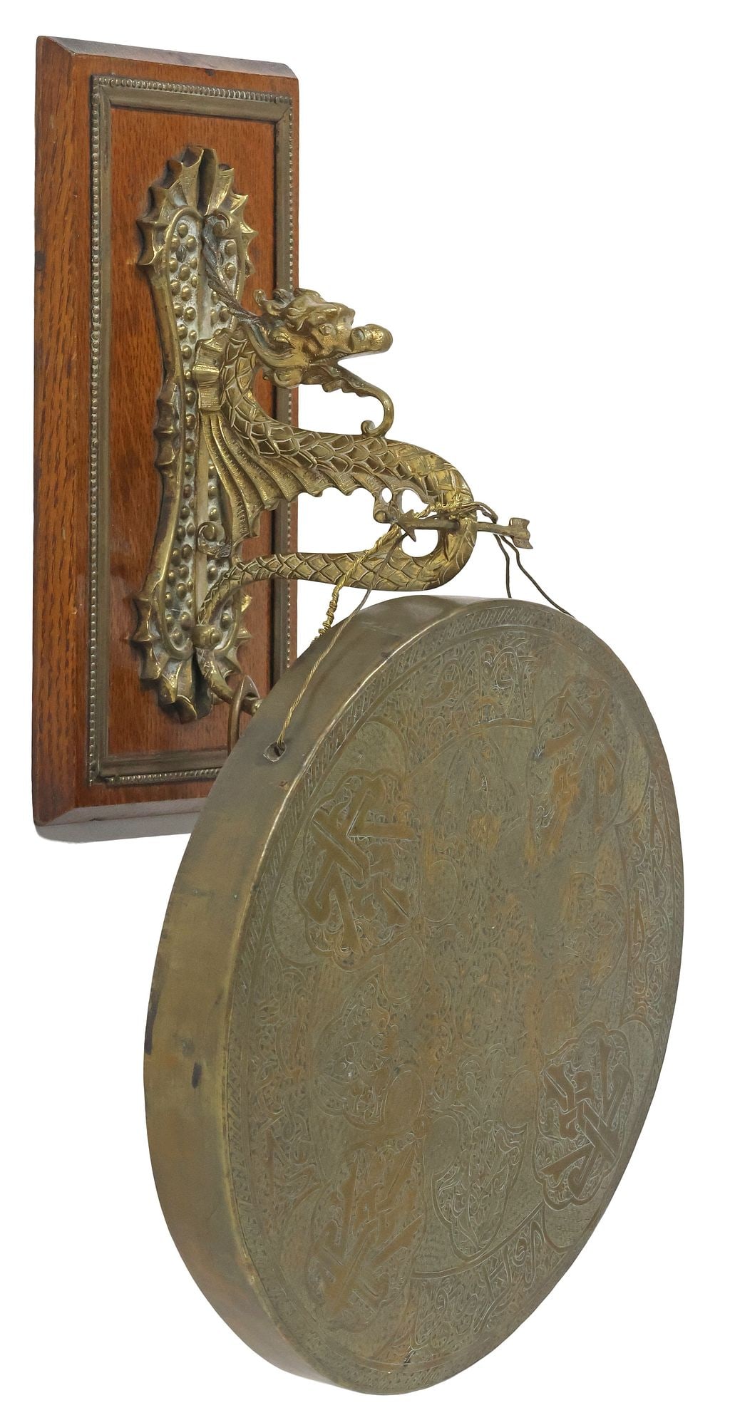 ENGLISH EDWARDIAN OAK & BRASS 'DRAGON' WALL-HANGING DINNER GONG (1 of 5)