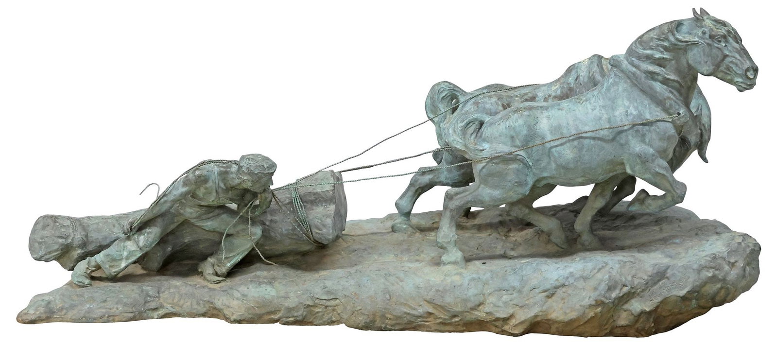 A. WIELICH NEW YORK LARGE VERDIGRIS FIGURAL BRONZE, HORSES LOGGING, 39"W: Large patinated bronze sculpture, Horse Logging Scene with Laborer, signed in cast A. Wielich (American 19th/ 20th c.), New York, dated in cast 1927, rising on a naturalistic base, in a verdigris pati