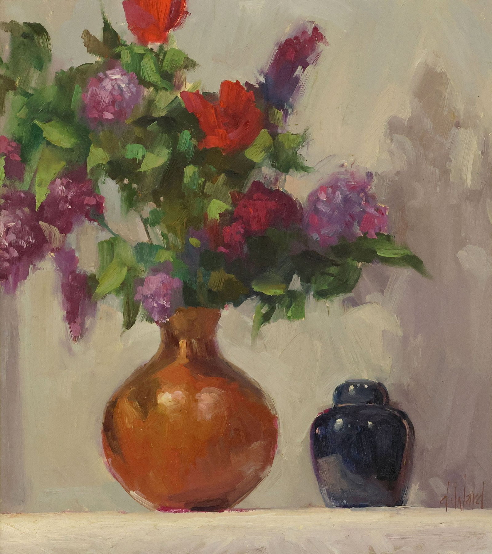 DON WARD (B.1947) FLORAL STILL LIFE WITH GINGER JAR OIL PAINTING: Framed oil on board painting, Still Life with Vase of Flowers and Ginger Jar, signed lower right D. Ward (Don Ward, New Mexico, b.1947), sight: approx 14.25"h, 12.5"w, overall: approx 23.5"h, 22"w, 6.