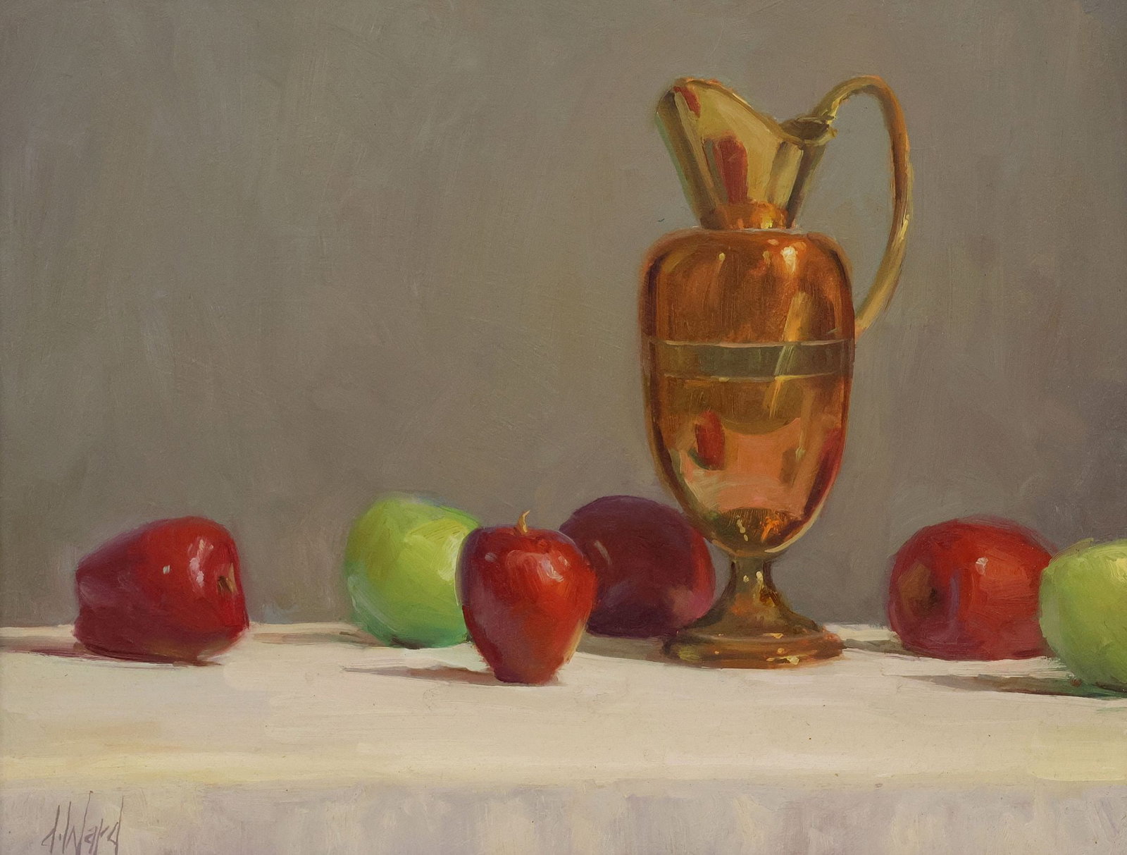 DON WARD (B.1947) STILL LIFE WITH APPLES & PITCHER OIL PAINTING: Framed oil on board painting, Still Life with Apples and Pitcher, signed lower left D. Ward (Don Ward, New Mexico, b.1947), sight: approx 13 5/8"h, 17.5"w, overall: approx 20.75"h, 24.75"w, 6lbs