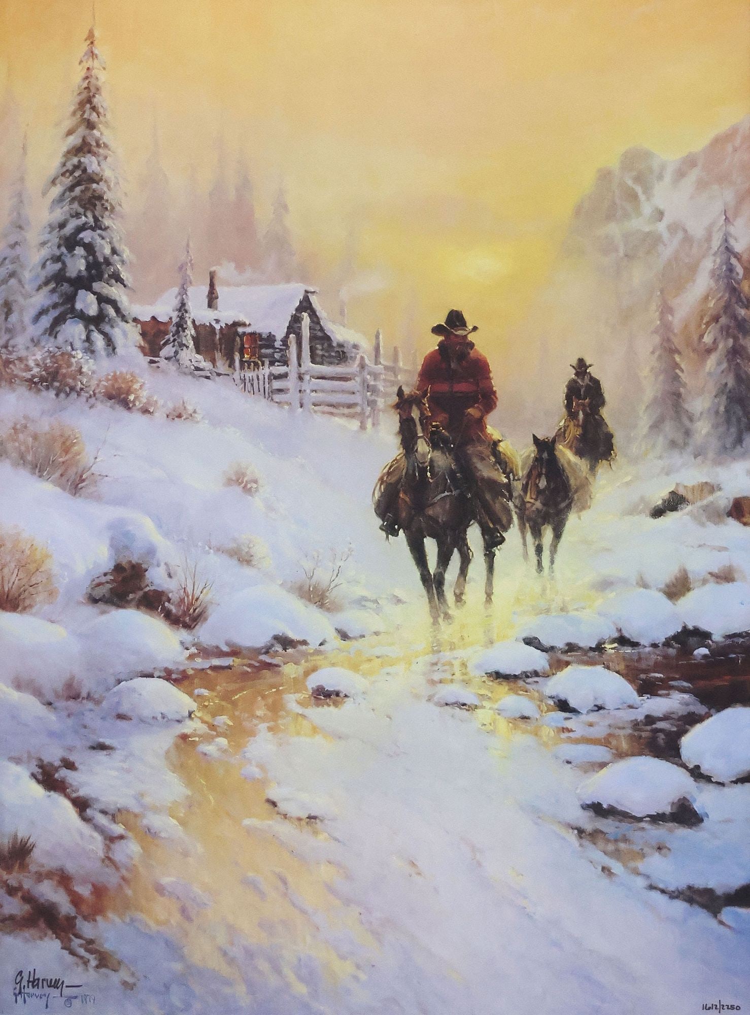 G. HARVEY (D.2017) FRAMED WESTERN PRINT, 'WHEN SNOW MELTS INTO MUSIC': Framed offset print on paper, "When Snow Melts into Music," signed in print lower left G. Harvey (Gerald Harvey Jones, Texas, 1933-2017), sight: approx 34.5"h, 27"w, overall: approx 38.5"h, 31 3/8"w, 