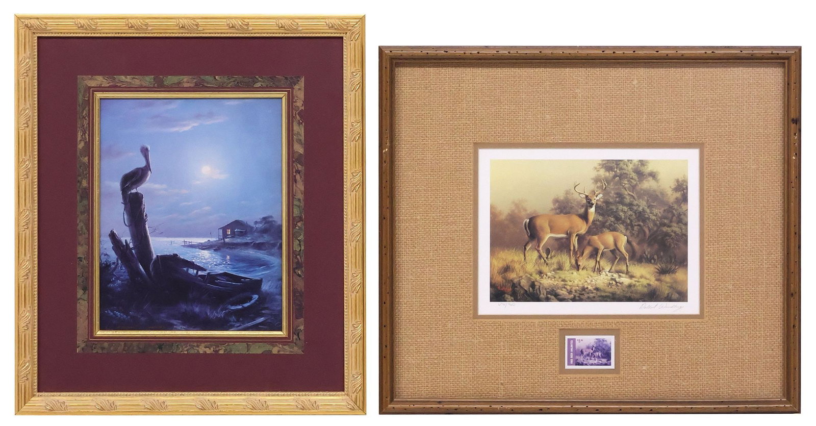 (2) DALHART WINDBERG (TX, B.1933) ARTIST-SIGNED PRINTS, 1 LIMITED EDITION: (lot of 2) Framed prints on paper, each signed in print Windberg (Dalhart Windberg, active in Texas, b.1933), including: (1) "Deer Unlimited," additionally pencil signed lower right, limited-edition, 