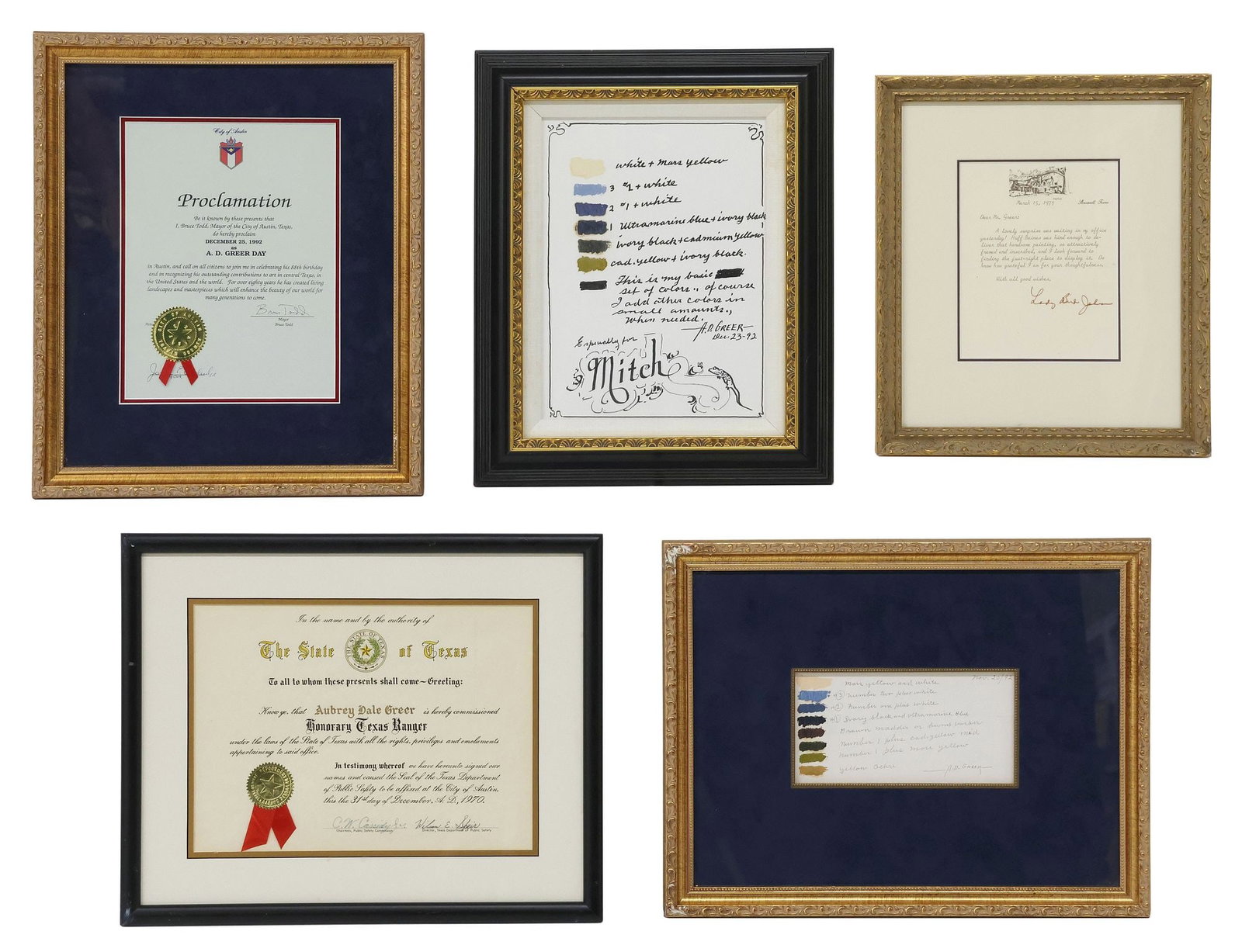 (5) FRAMED CERTIFICATES & EPHEMERA RELATING TO A.D. GREER (TEXAS, D.1998) (1 of 8)