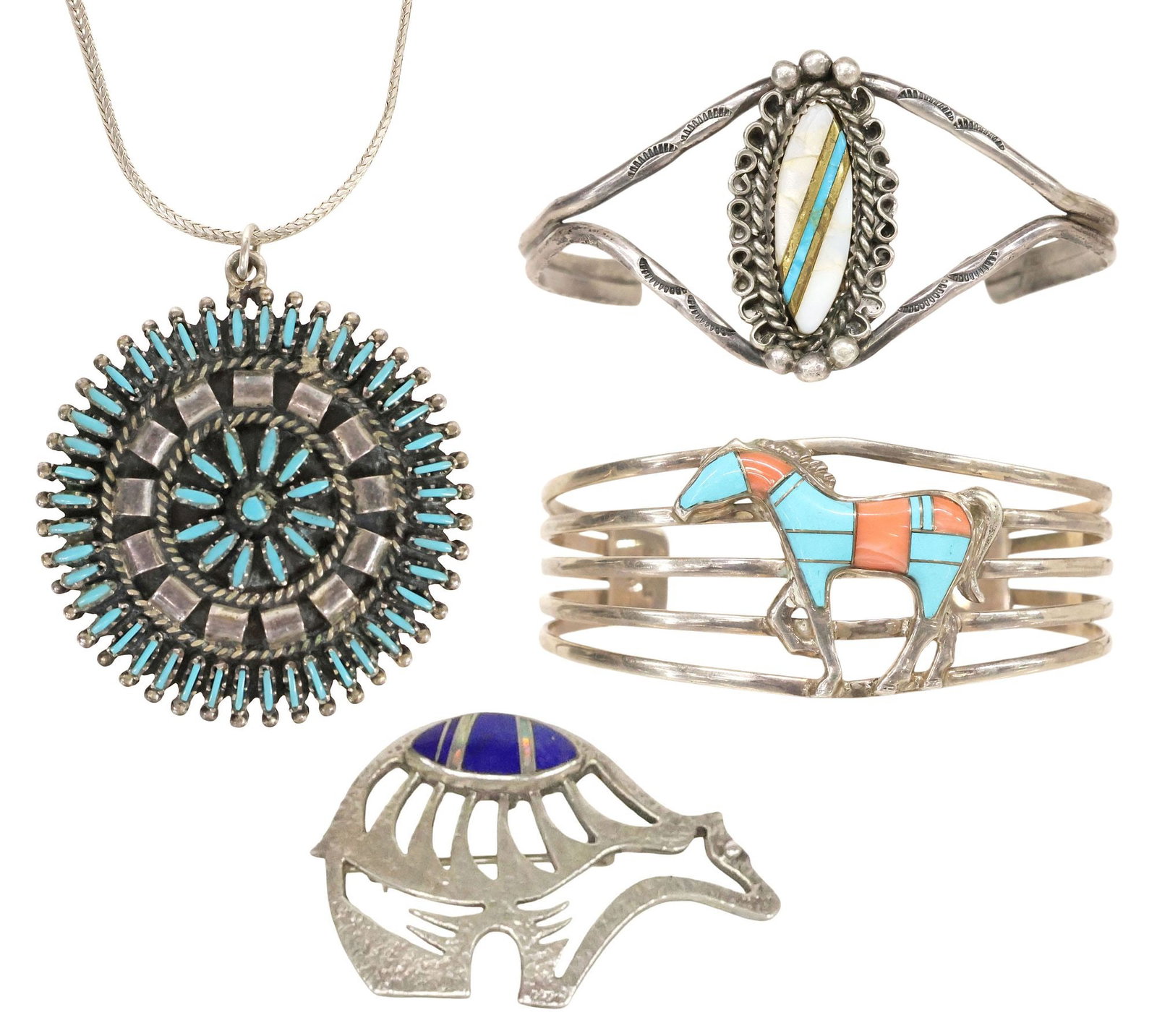 (4) NATIVE AMERICAN SILVER & GEMSTONE CUFFS, NECKLACE & CHARLIE BOWIE BROOCH: (lot of 4) Native American sterling, silver (content unknown), and gemstone jewelry group, including: (1) pendant necklace, radiating petite point turquoise cluster pendant, marked sterling at reverse