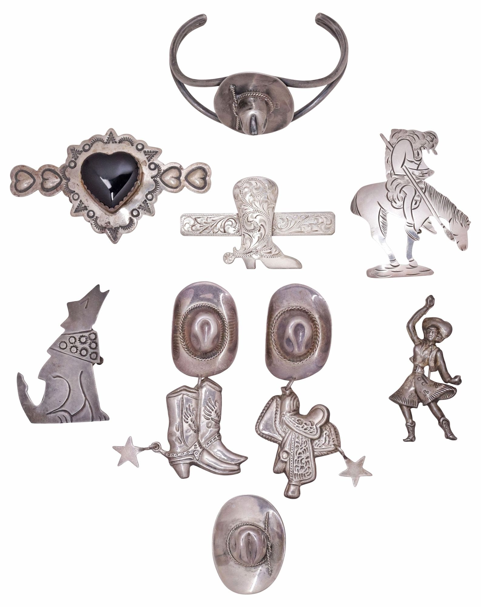 (9) SOUTHWEST & MEXICO STERLING & OTHER SILVER BROOCHES, CUFF & EARRINGS: (lot of 9) Collection of Southwest and Mexico silver jewelry, various styles and makers, equestrian and Western motifs, including: (5) sterling brooches, with varied purity marks, (one) Soulages Manuf